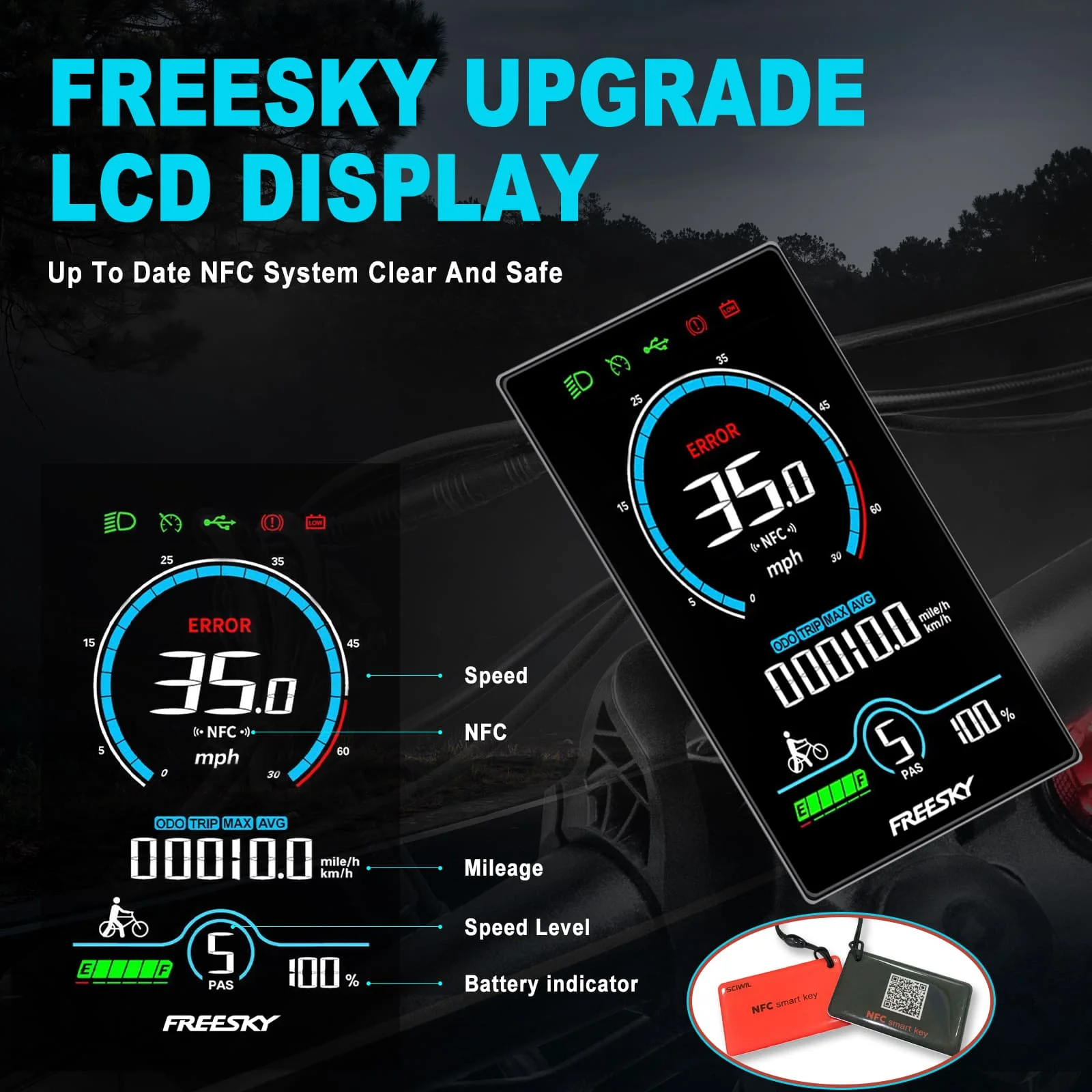 Fahrrad-Display mit Geschwindigkeit, Kilometerstand und Batteriestand, mit NFC-Karten.