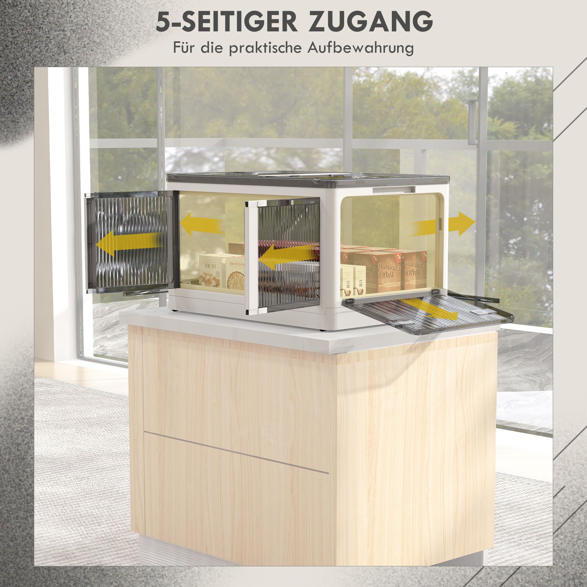 Ein weißer Schrank mit geöffneten Türen. Der Schrank hat Regale mit Kisten im Inneren. Gelbe Pfeile zeigen durch den Schrank.