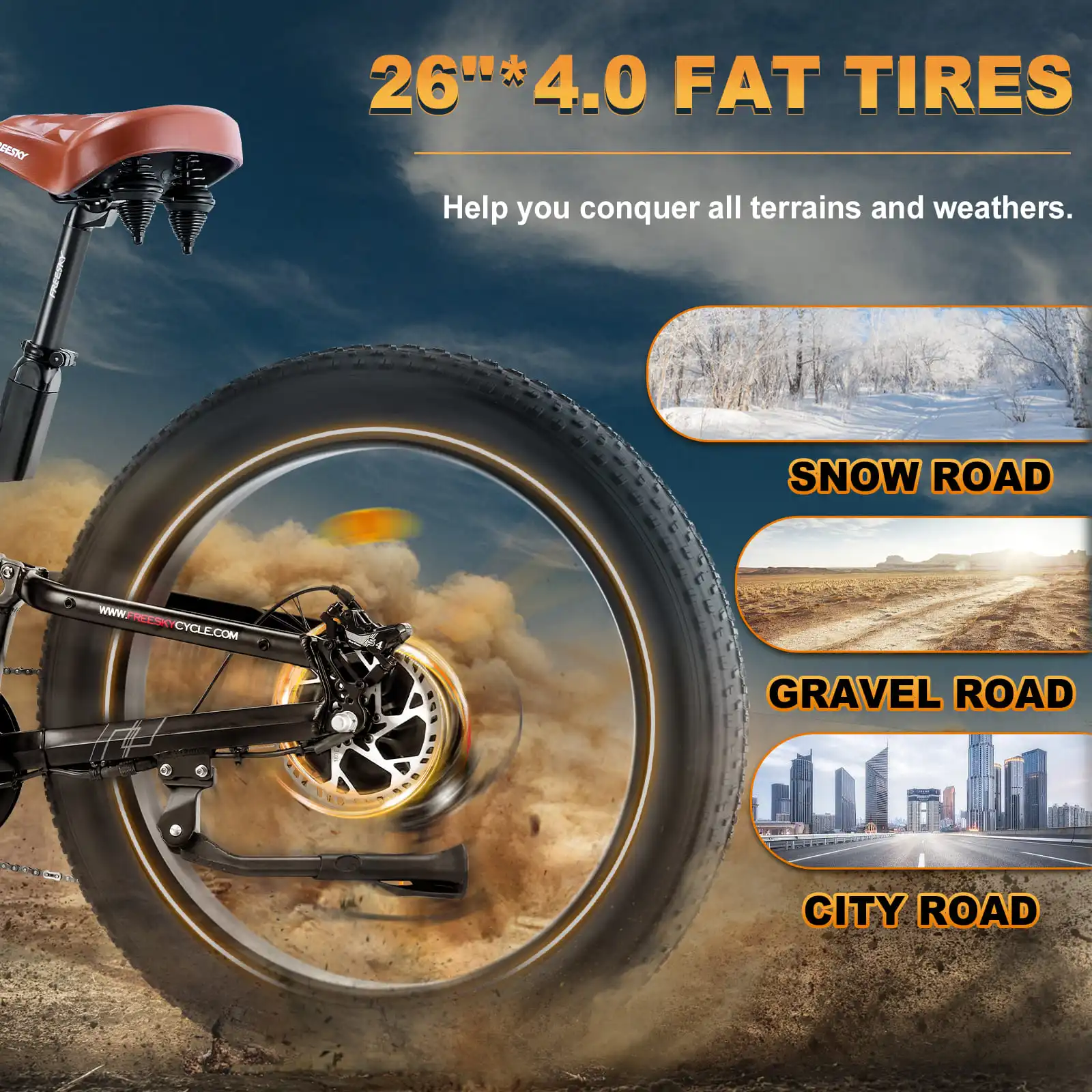 Fettreifen-Fahrradrad mit Text: 26"*4.0 FAT TIRES. Bilder von Schnee, Schotter und Stadtstraßen.