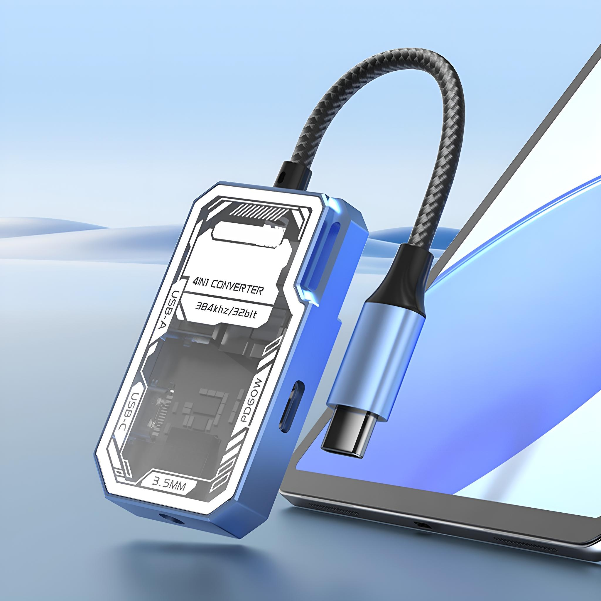 Blau-silberner USB-C-Konverter. An ein Tablet angeschlossen. Blau-weißer Hintergrund.