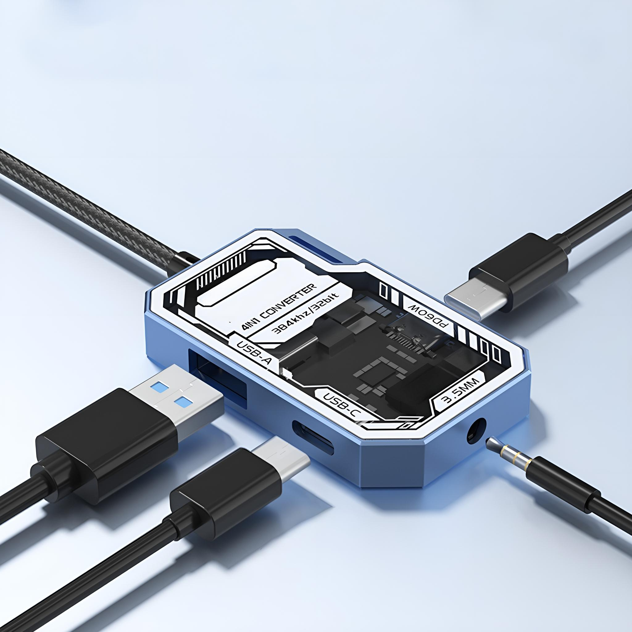 Blaues und silbernes elektronisches Gerät mit USB- und Audioanschlüssen sowie schwarzen Kabeln. Weißer HG.