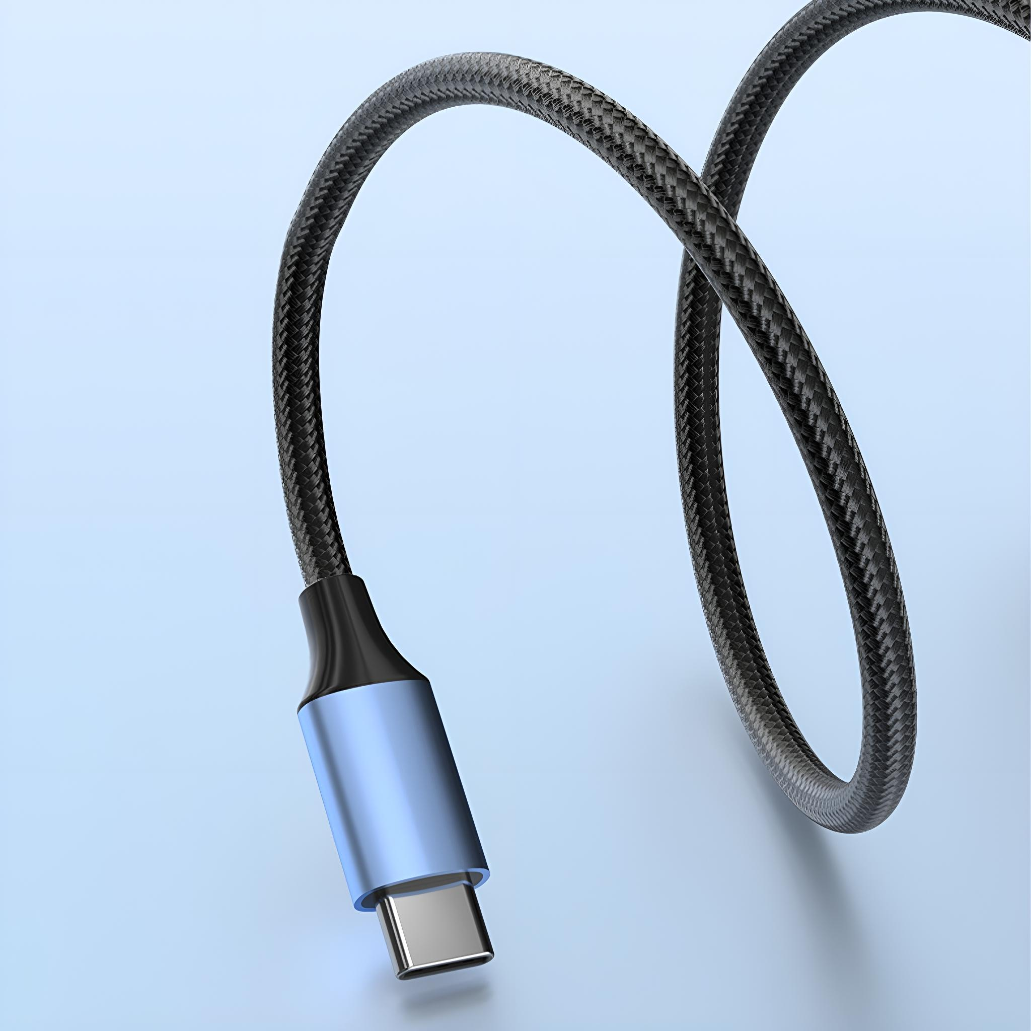 Schwarz-blaues USB-C-Kabel, aufgerollt. Das Kabel hat einen blauen Stecker an einem Ende.