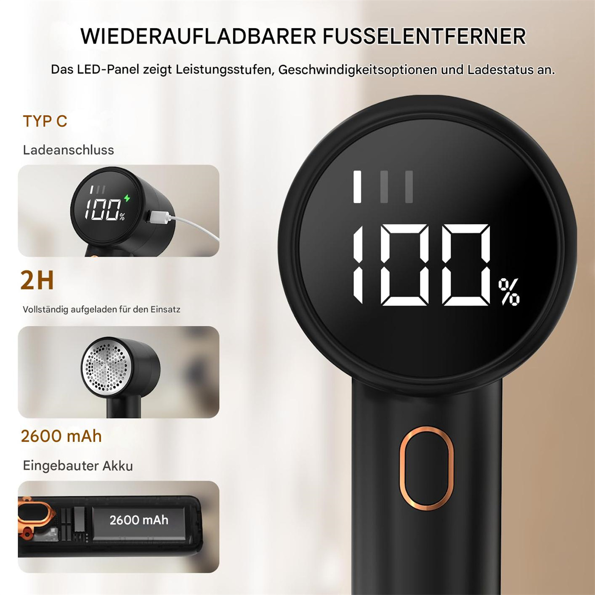 Nahaufnahme eines schwarzen Fusselentferners mit Digitalanzeige, die 100% Ladung anzeigt.