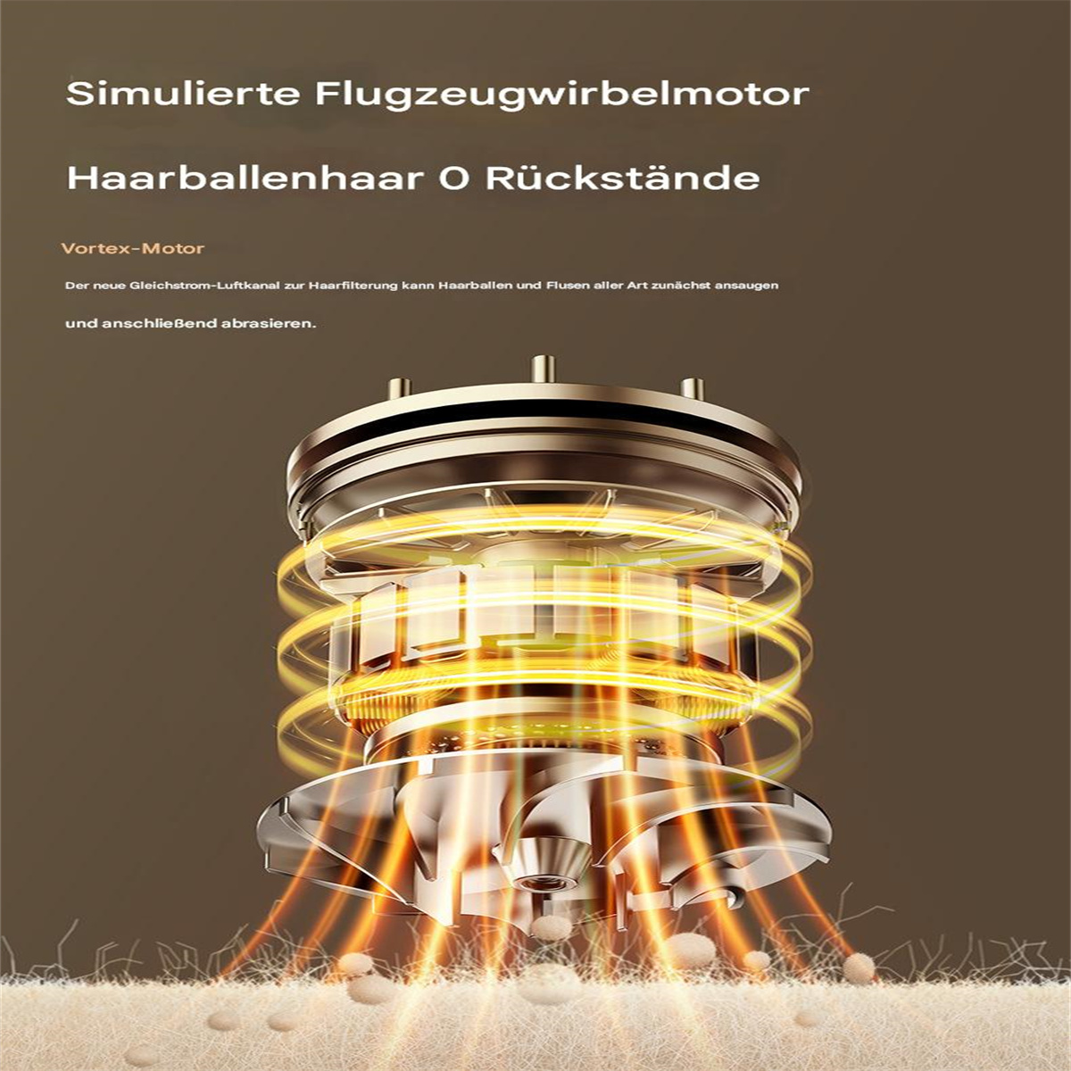 Nahaufnahme eines metallischen Haarballen-Entfernungsgeräts mit einer Vortex-Motor-Illustration.