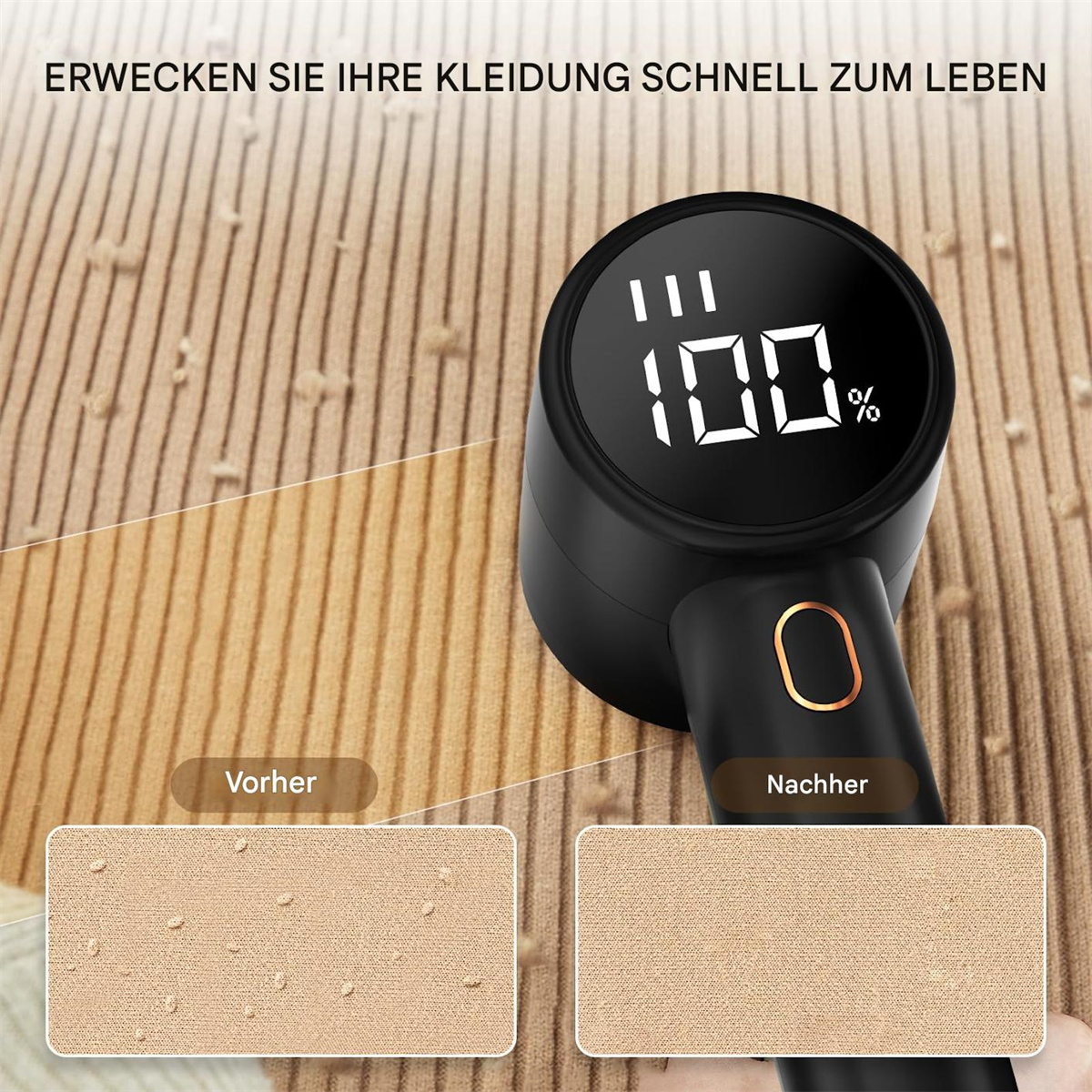 Ein schwarzer Fusselentferner mit Digitalanzeige, die Vorher-Nachher-Reinigung zeigt.