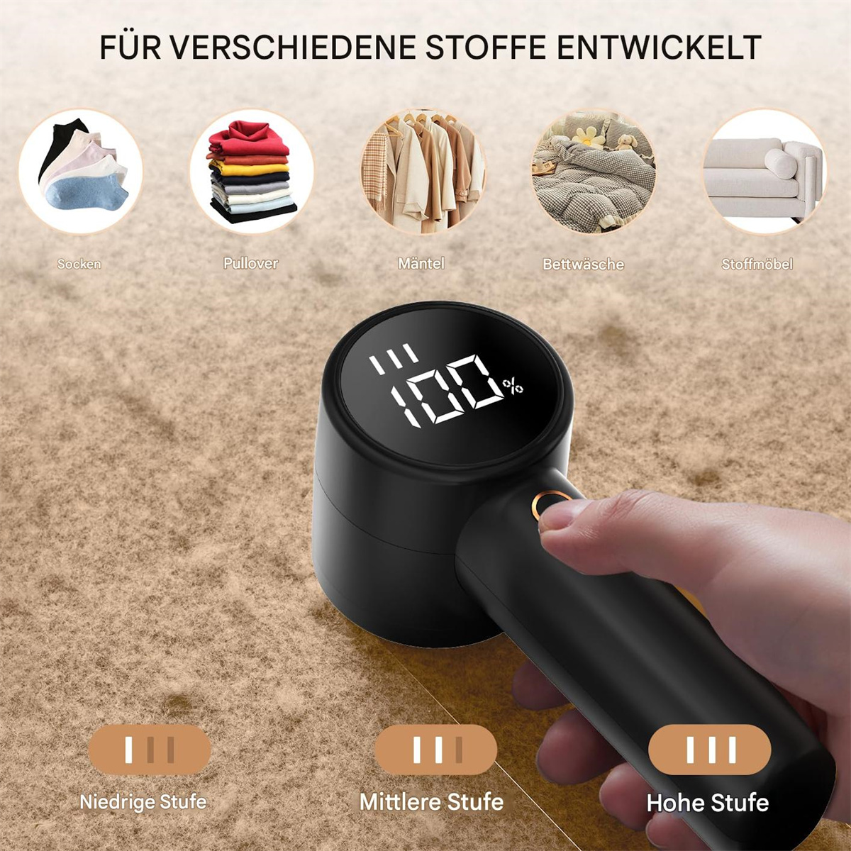 Ein schwarzer Fusselentferner mit Digitalanzeige. Verschiedene Stoffarten werden gezeigt. Brauner Hintergrund.