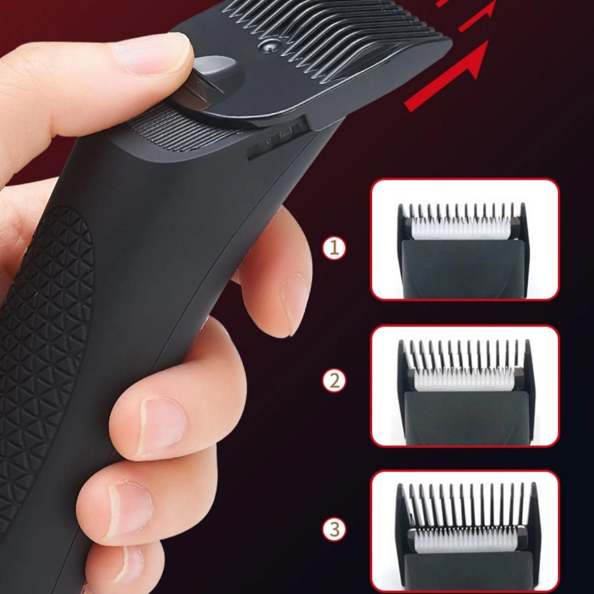 Hand hält einen schwarzen Trimmer. Drei Nahaufnahmen zeigen verschiedene Trimmerköpfe. Roter Hintergrund.