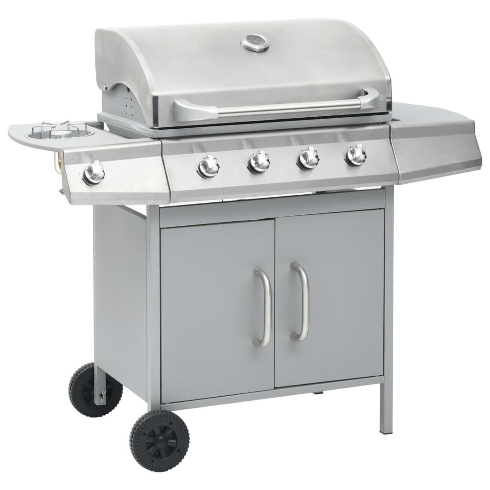 Ein Grill aus Edelstahl mit Deckel und zwei Türen.