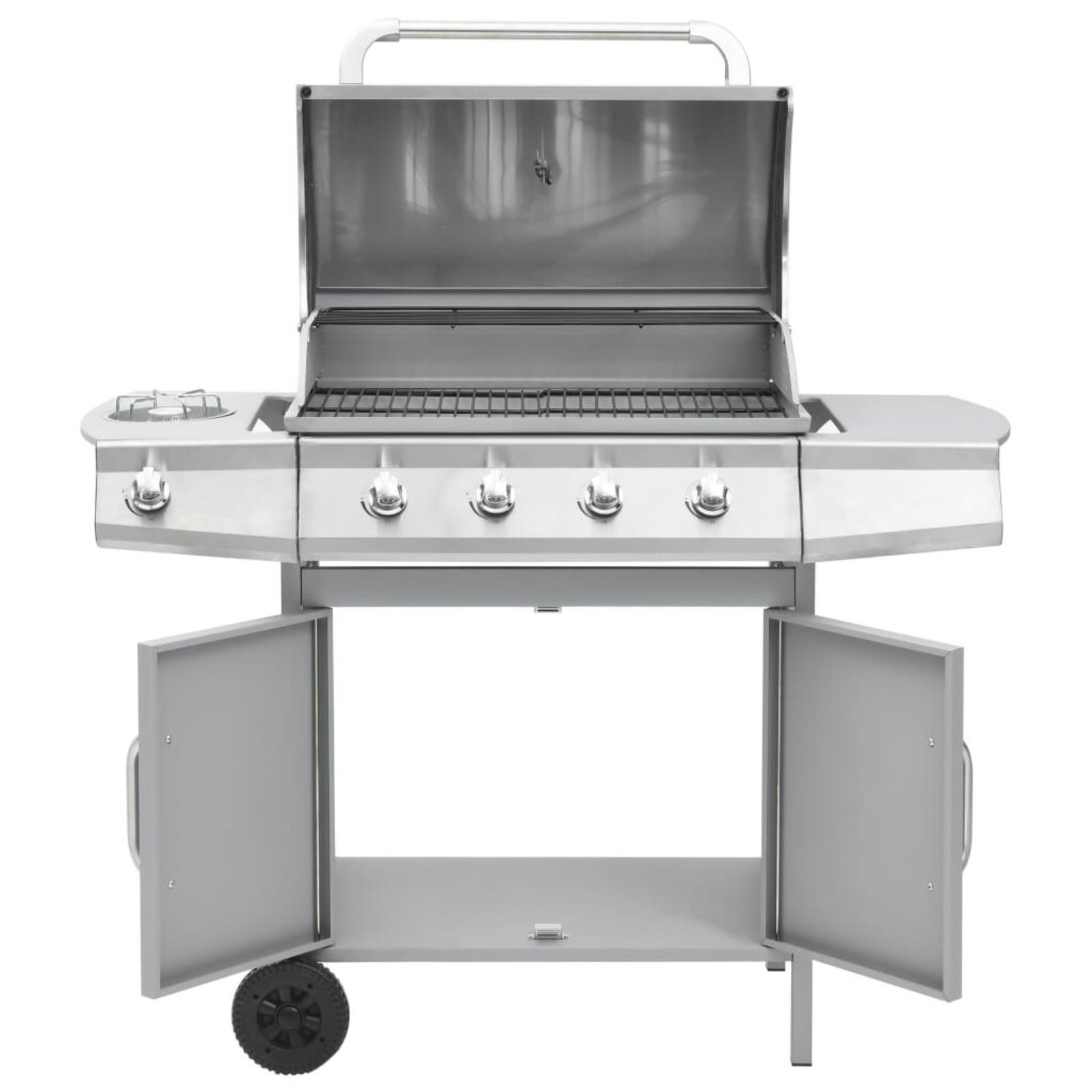 Edelstahlgrill mit offenem Deckel. Zwei Türen unten, Seitenbrenner.