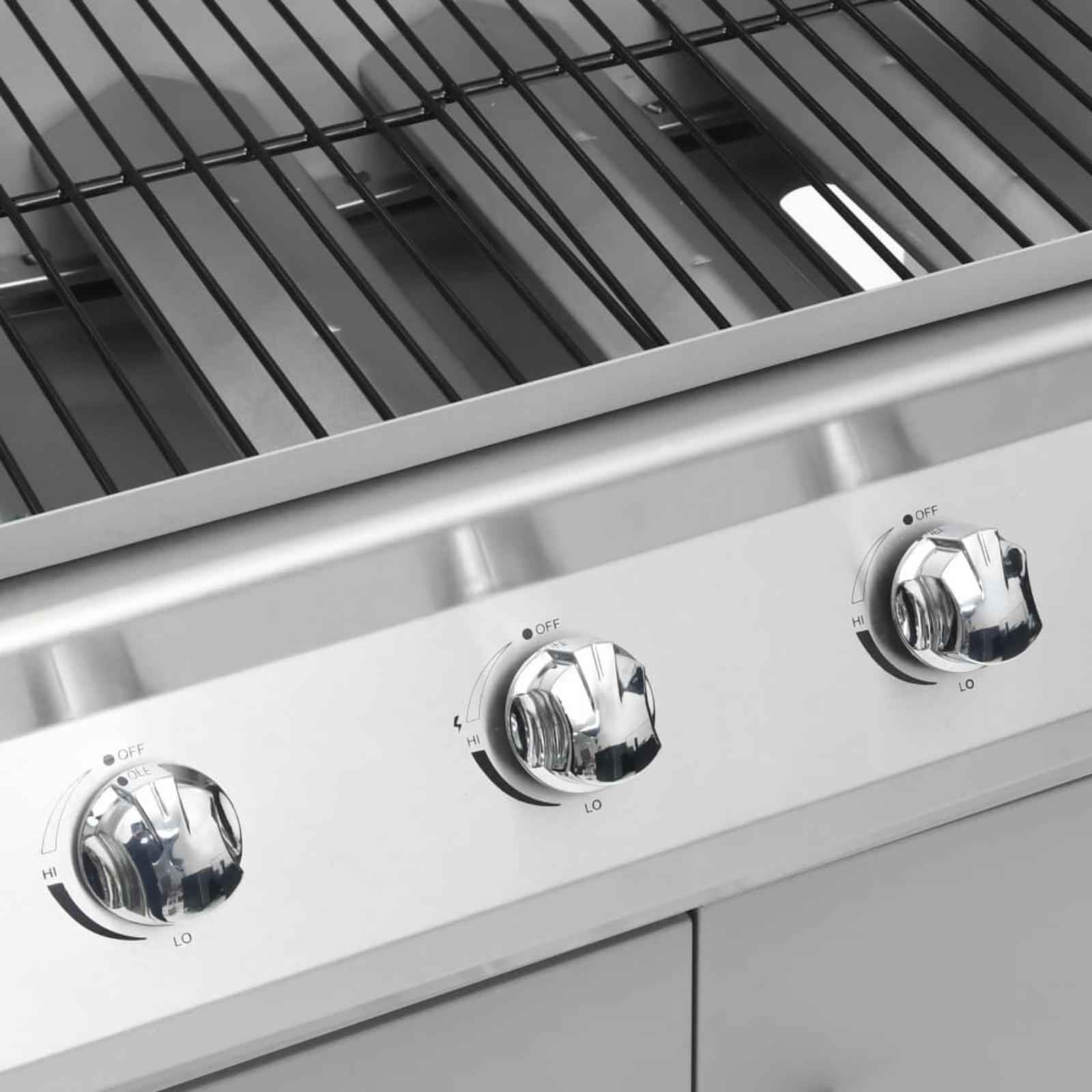 Nahaufnahme eines Grills mit Bedienelementen. Hat Knöpfe mit der Aufschrift OFF, HI und LO.