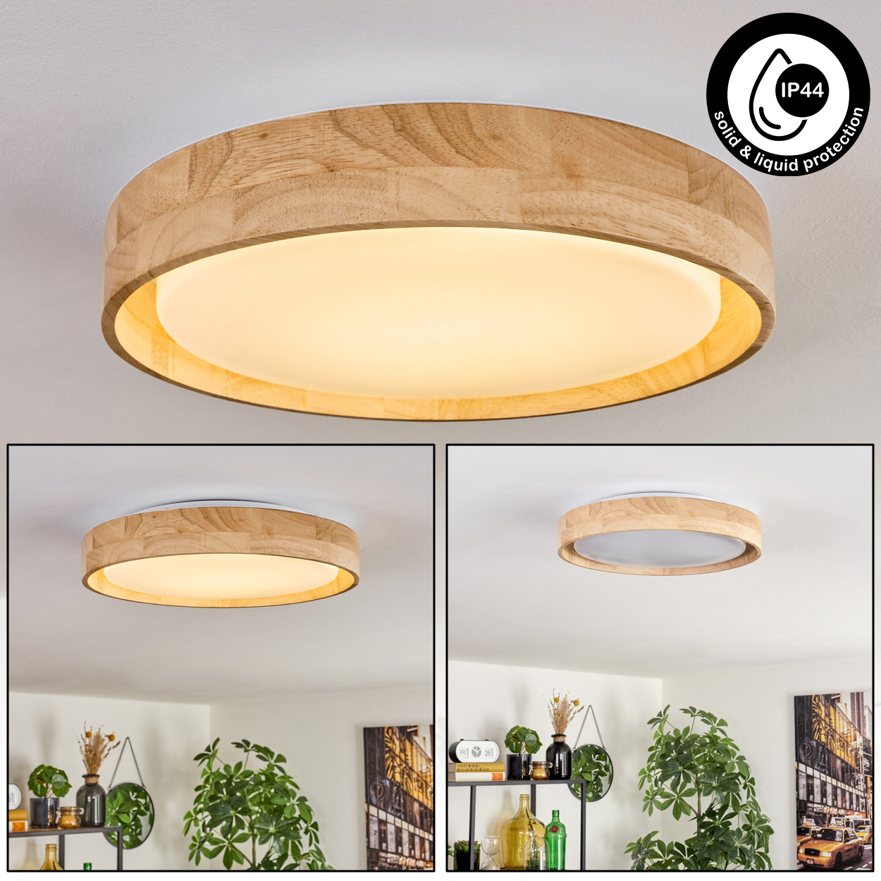 Eine Deckenlampe aus Holz mit hellem, rundem Licht. Sie hat einen Holzrahmen und eine weiße, opake Mitte.