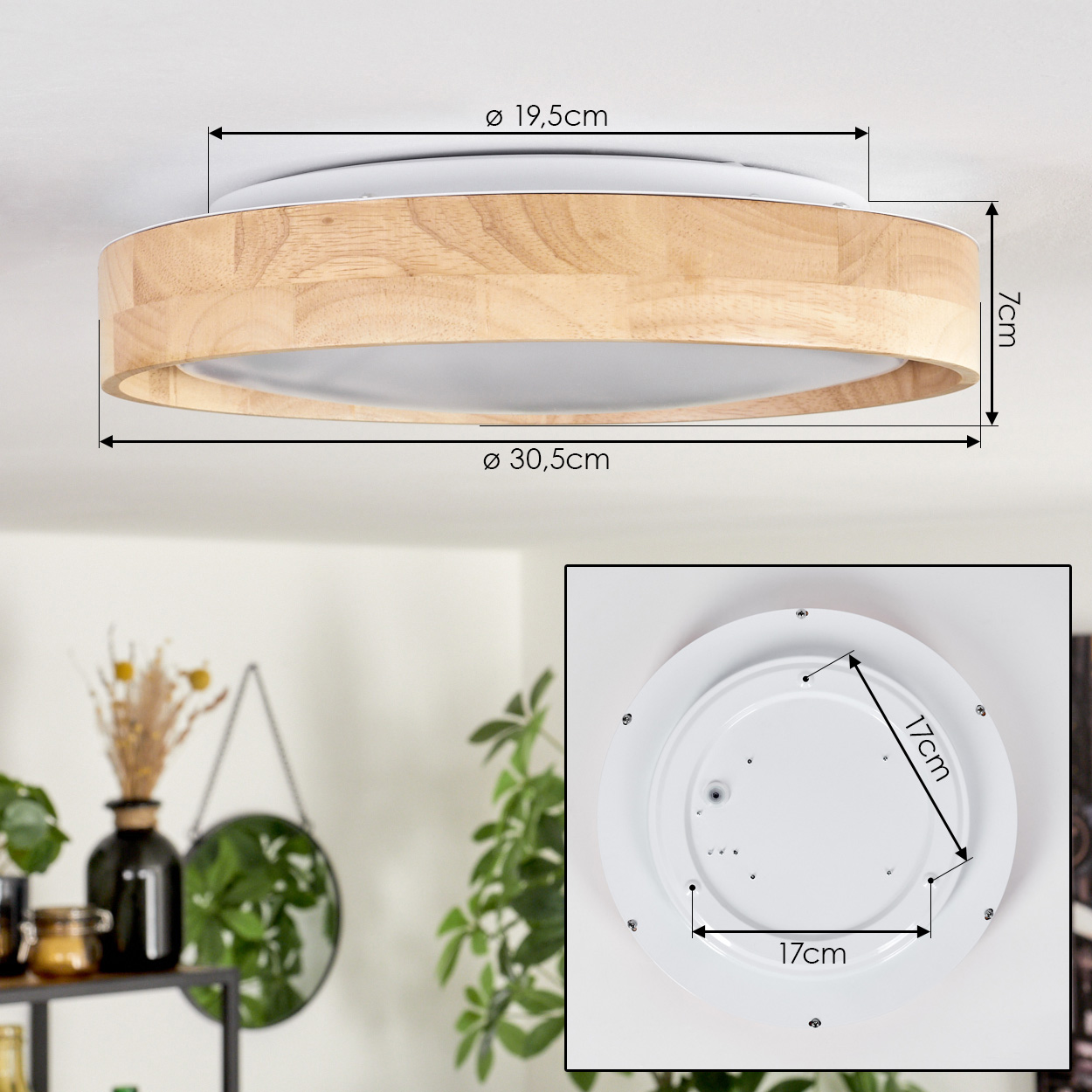Runde Deckenlampe aus Holz mit Maßangaben. Nahaufnahme der Rückseite der Leuchte.