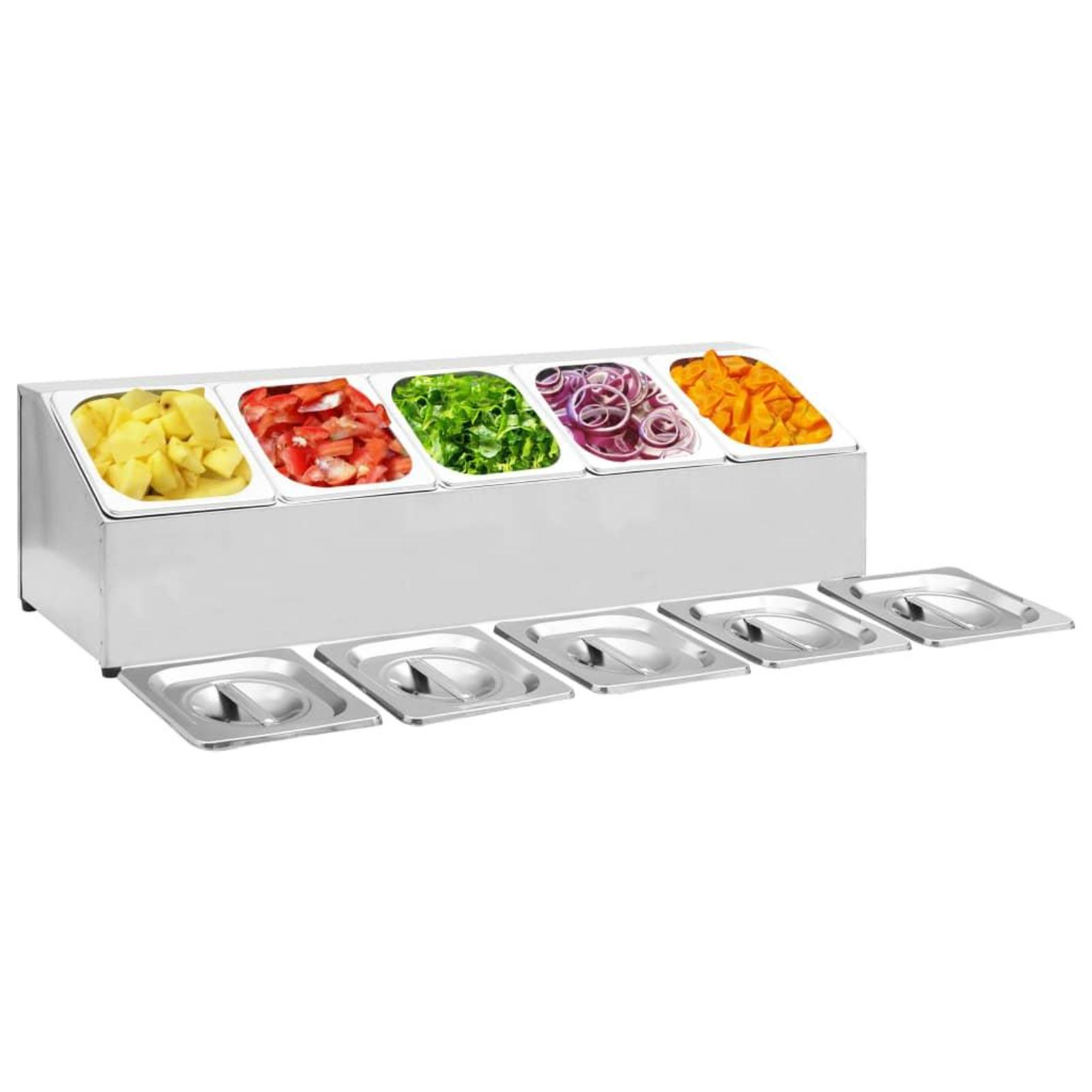 Edelstahl-Essensbar mit Behältern für Kartoffeln, Tomaten, Salat, Zwiebeln und Kürbis.