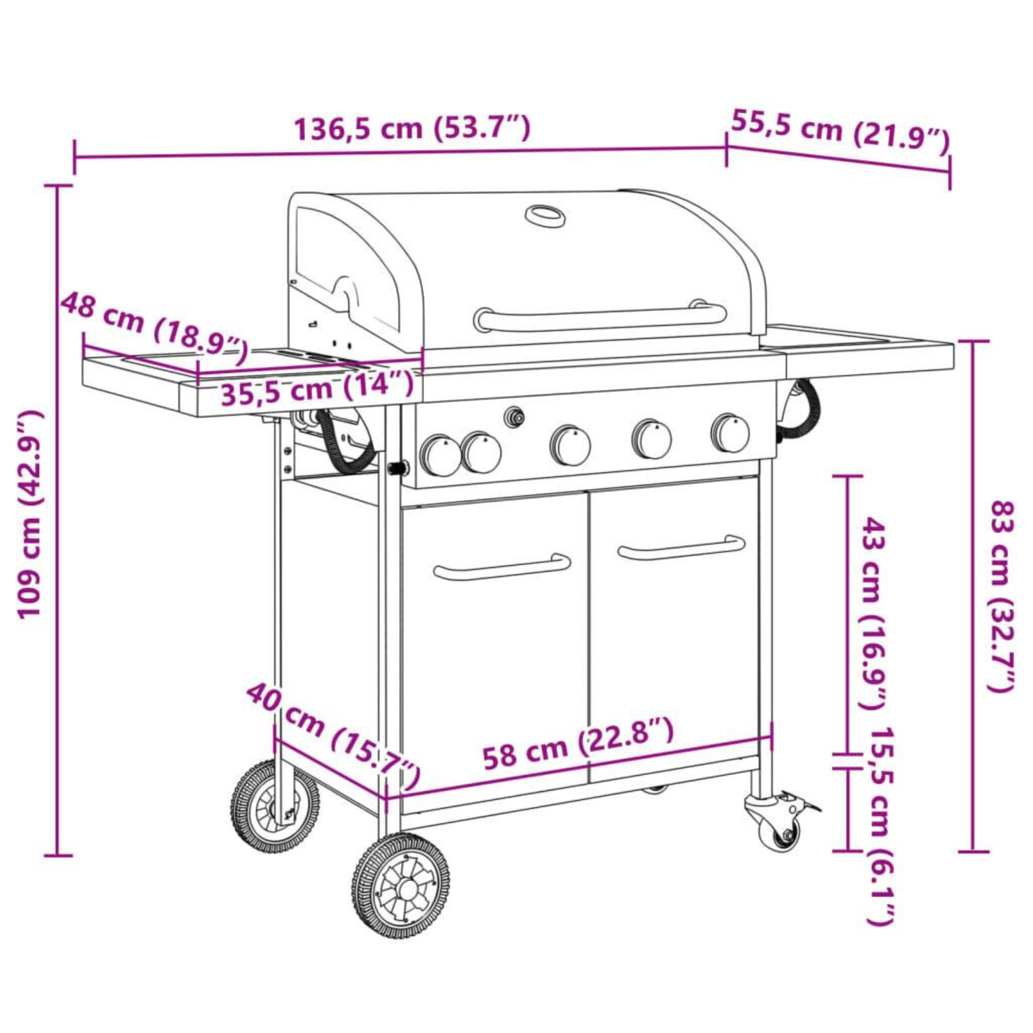 Ein Gasgrill mit beschrifteten Abmessungen. Er ist silber und schwarz, mit Seitentischen und Rädern.