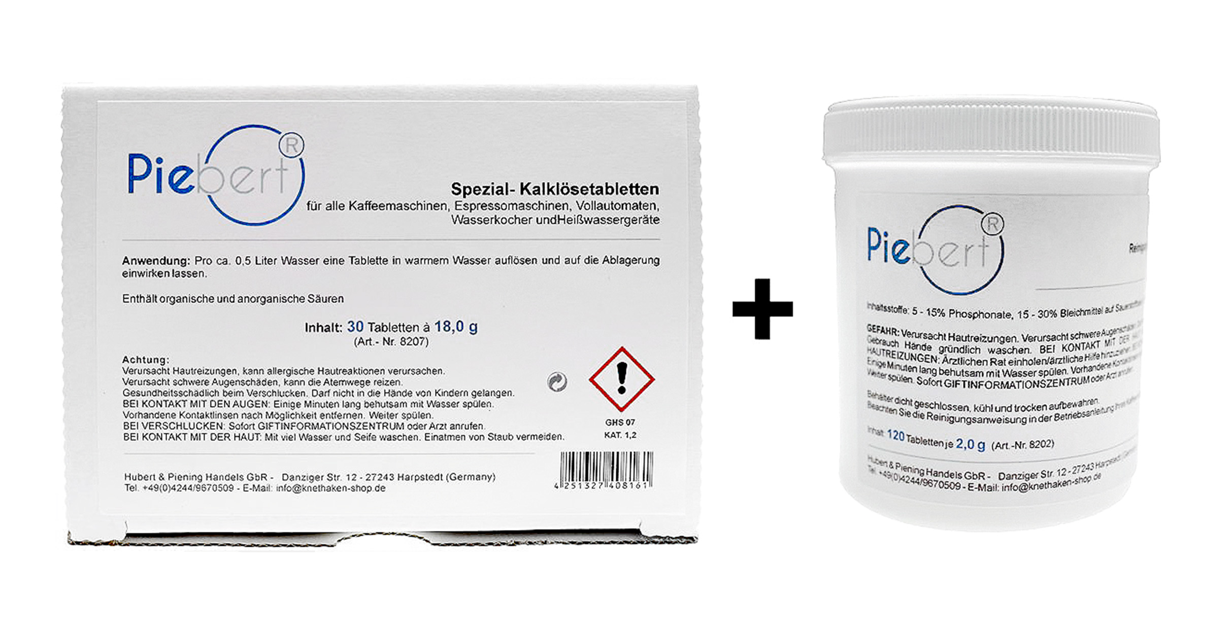 Zwei Artikel, eine Schachtel Tabletten und ein Glas Pulver. Beide haben weiße Etiketten und schwarzen Text.