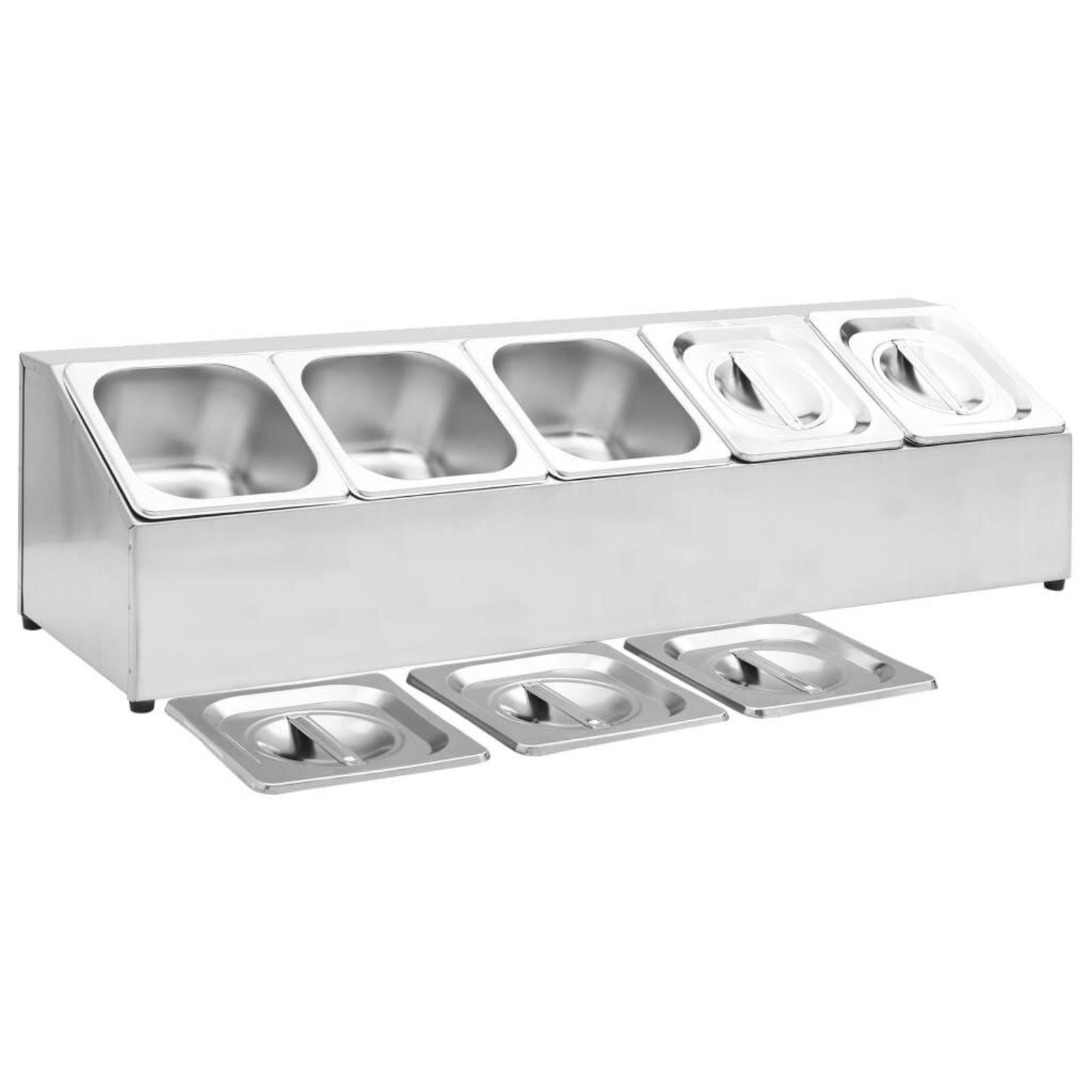 Ein Edelstahl-Speisenwärmer mit vier Fächern mit Deckeln und drei quadratischen Behältern.