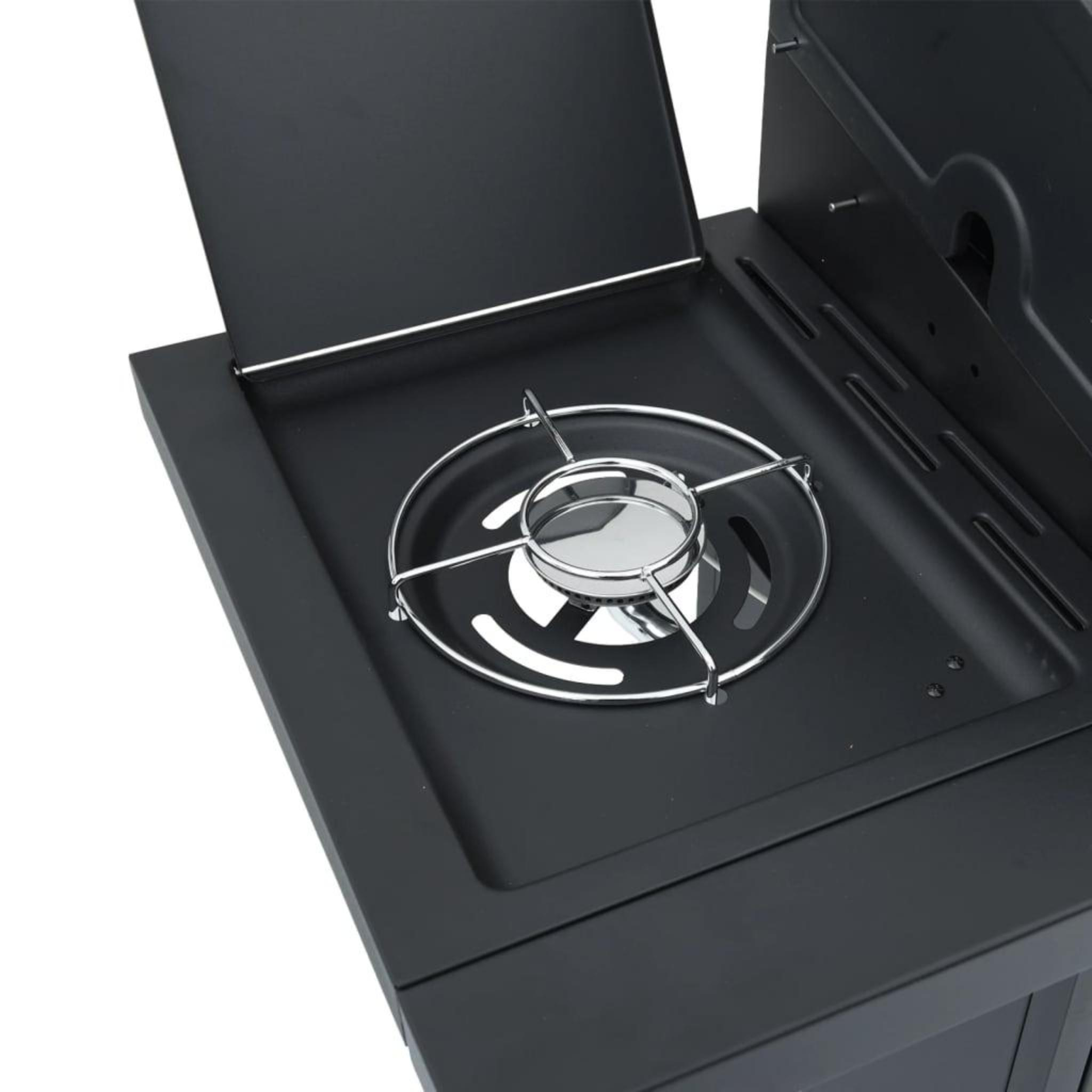 Nahaufnahme eines Gasgrillbrenners mit Edelstahlring und schwarzer Basis.