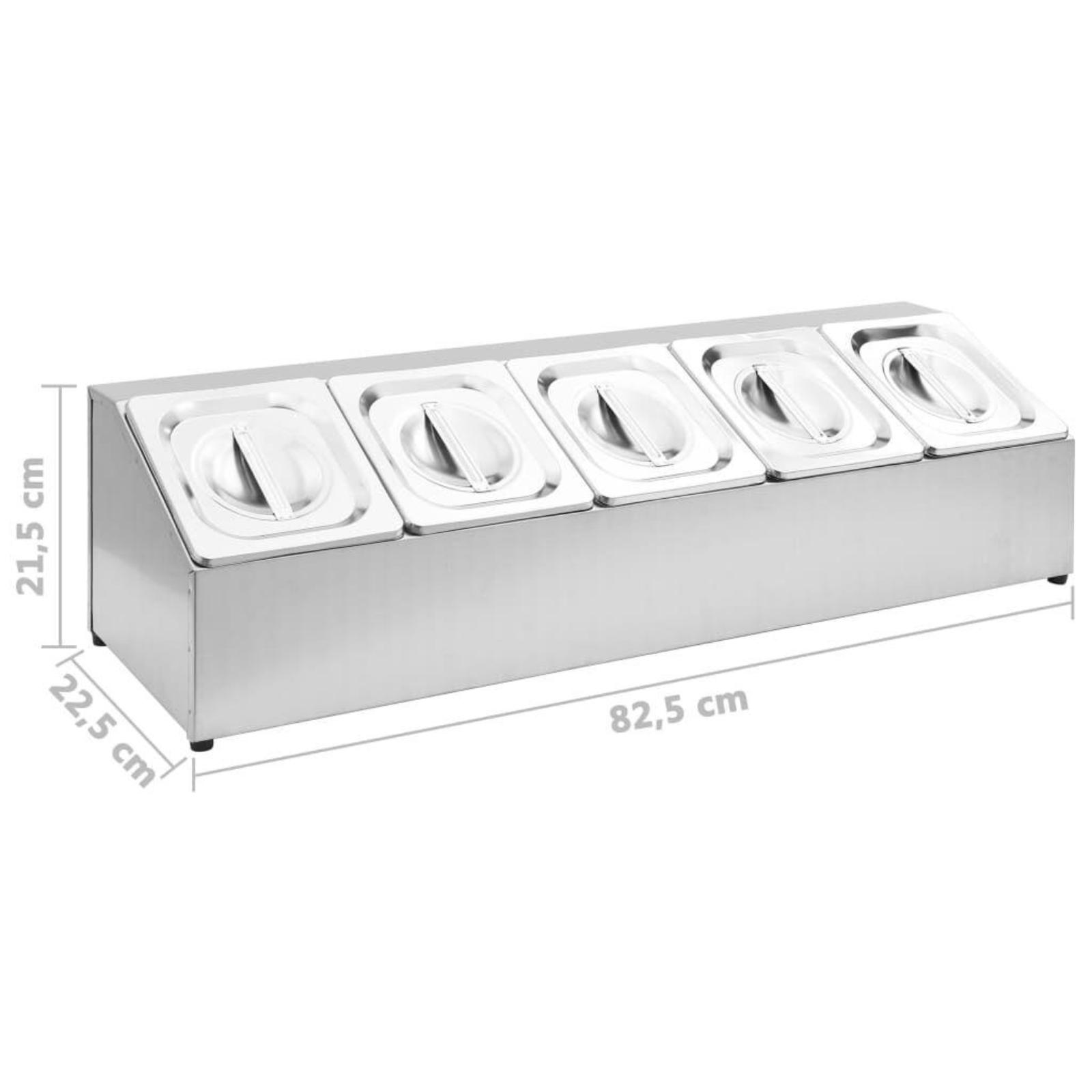 Ein Edelstahl-Speisenwärmer mit fünf Fächern und Deckeln, mit beschrifteten Abmessungen.