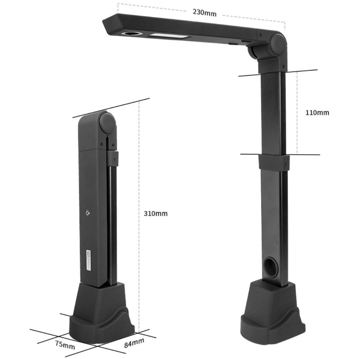 Schwarzer Scanner mit verstellbarem Arm und Basis mit Abmessungen.