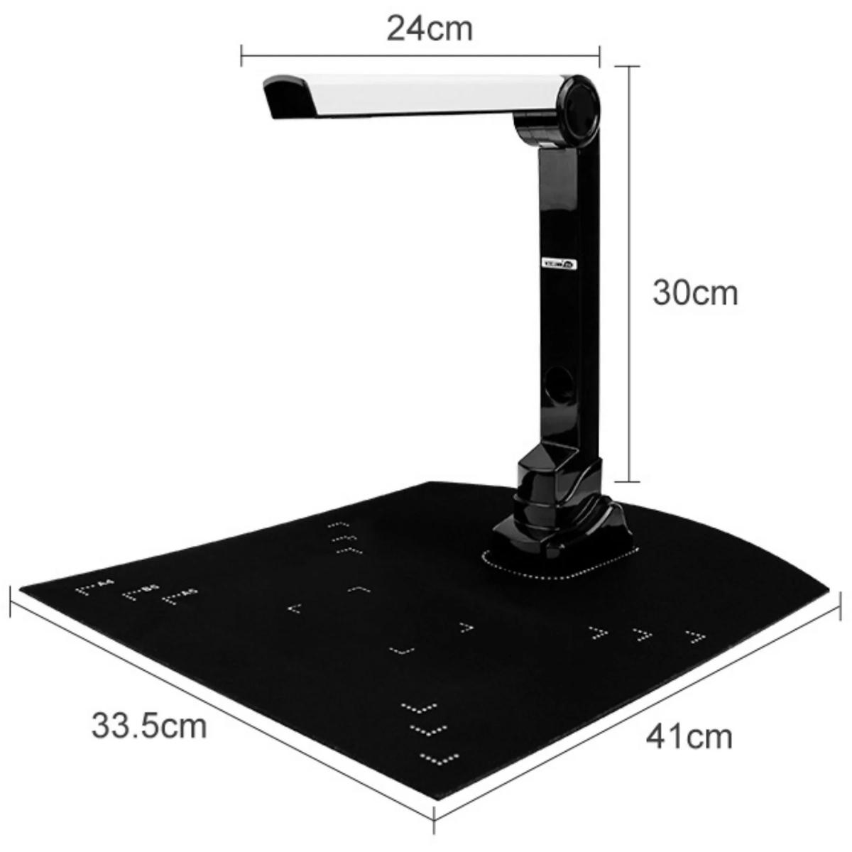 Schwarze Dokumentenkamera mit weißem Licht auf einer schwarzen Matte.