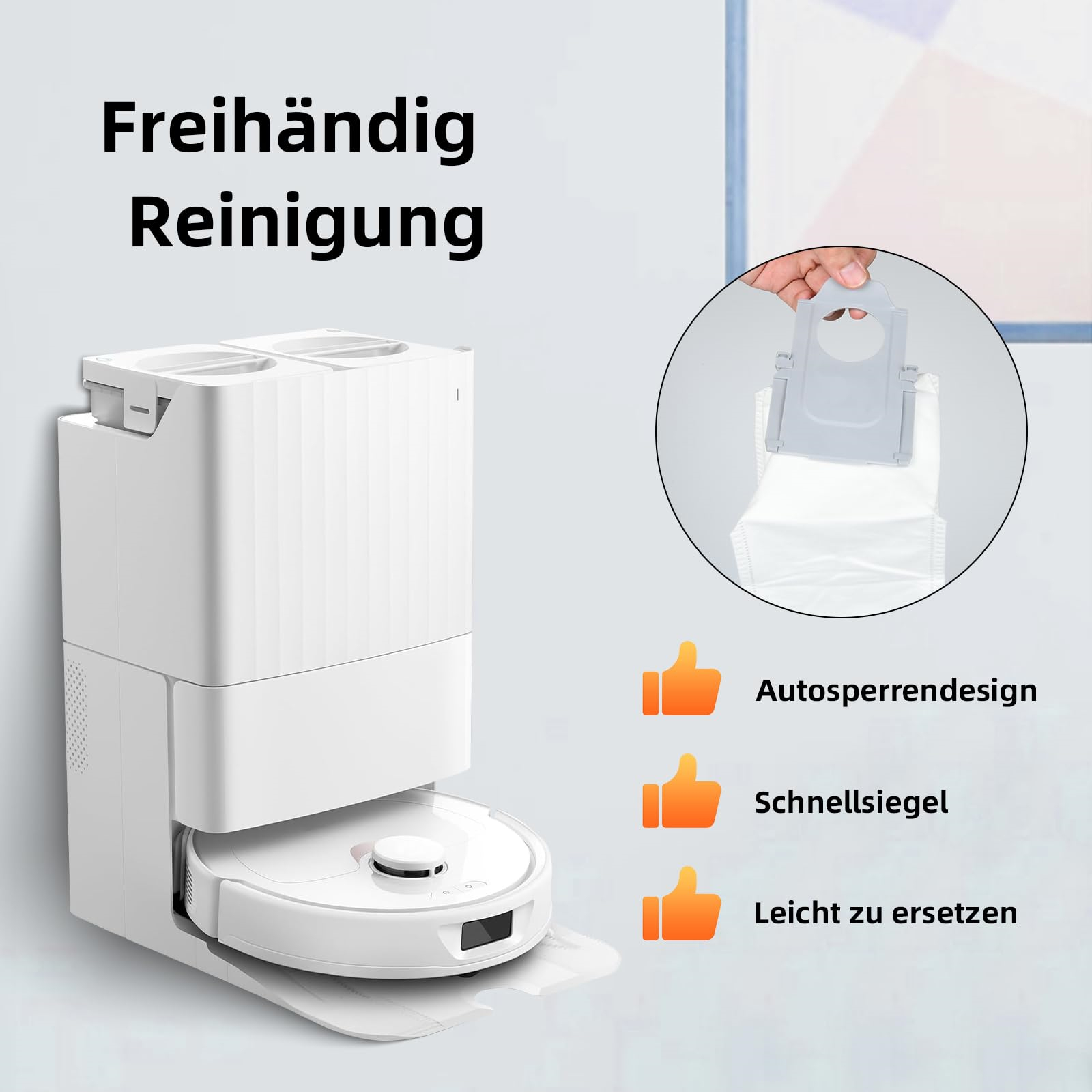 Roboter-Staubsauger und Ladestation. Text: Freihändiges Reinigen, Auto-Lock-Design, Schnellversiegelung, Einfach zu ersetzen.