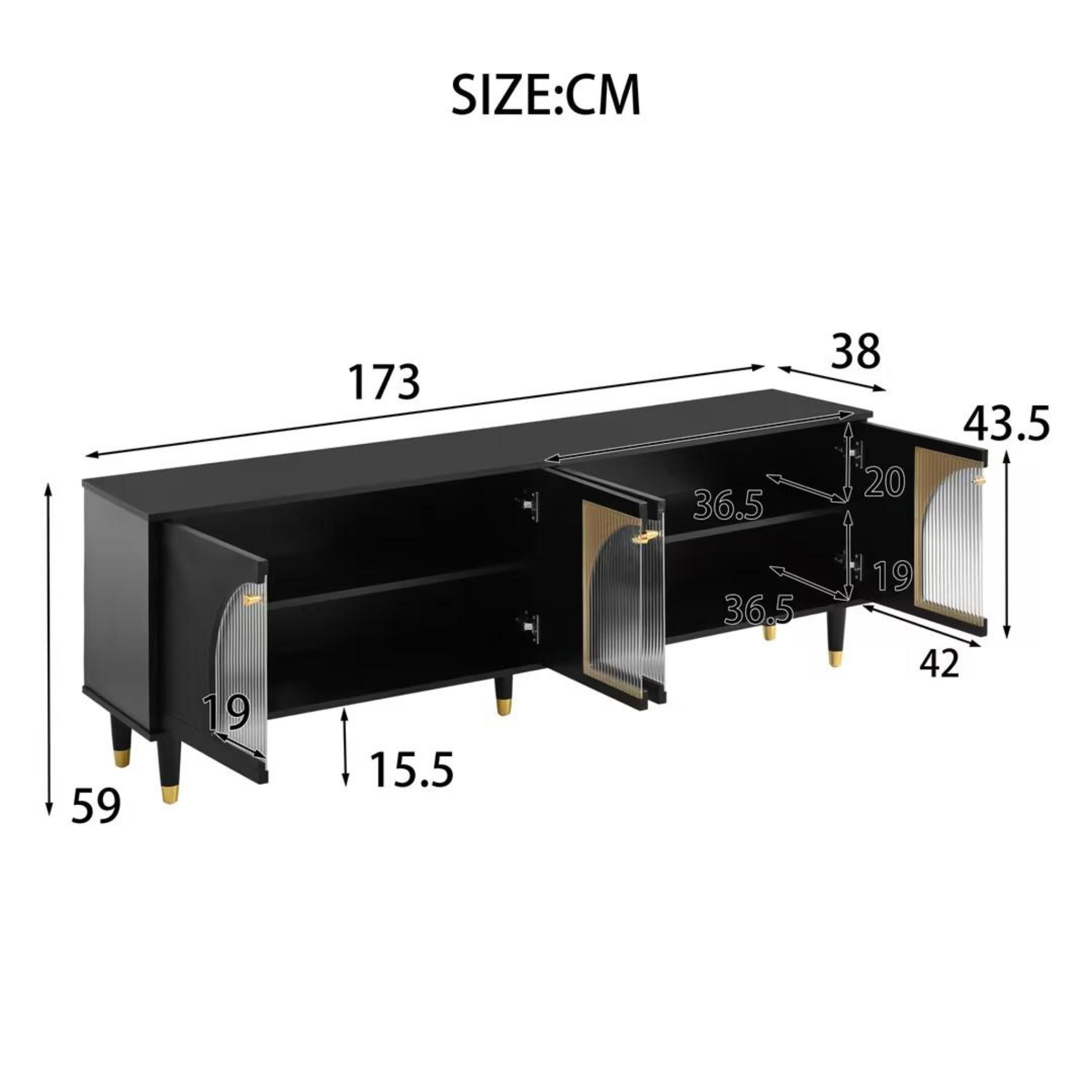Schwarzer Schrank mit Glastüren und goldenen Akzenten. Maße sind in Zentimetern angegeben.