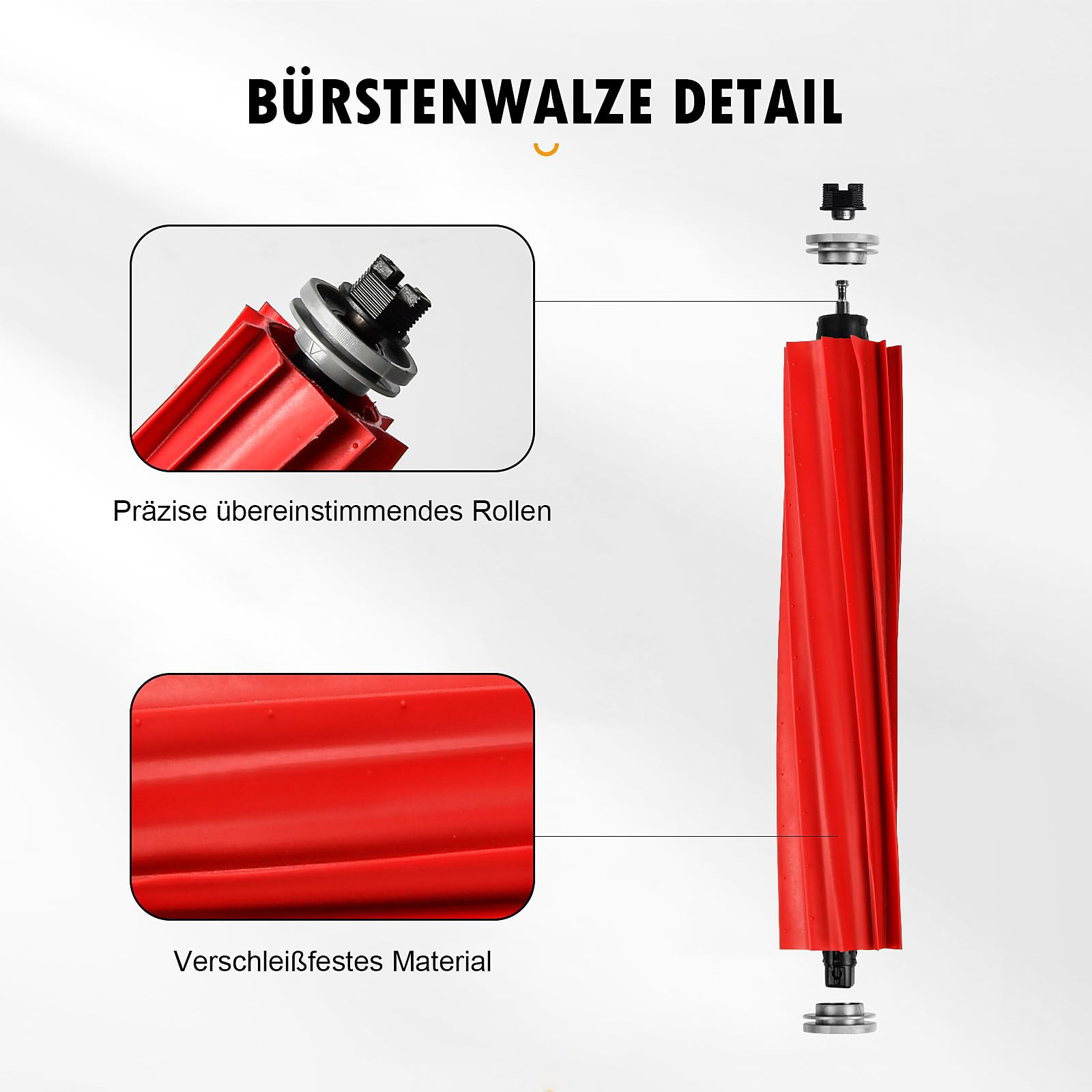 Nahaufnahme von roten Walzenbürstenteilen, beschriftet mit Text und Pfeilen.