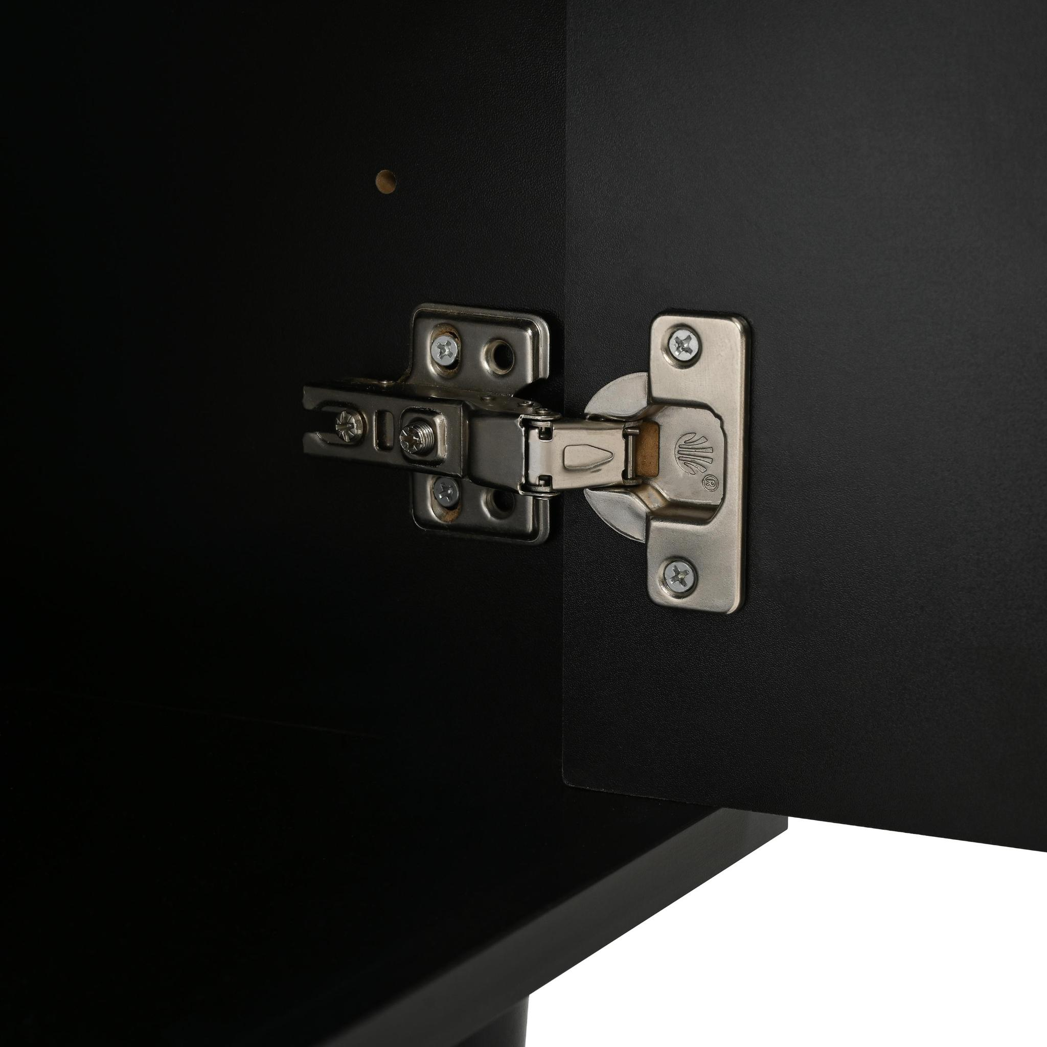 Schwarzes Schrankscharnierdetail, Schrauben und schwarzer Schrank.
