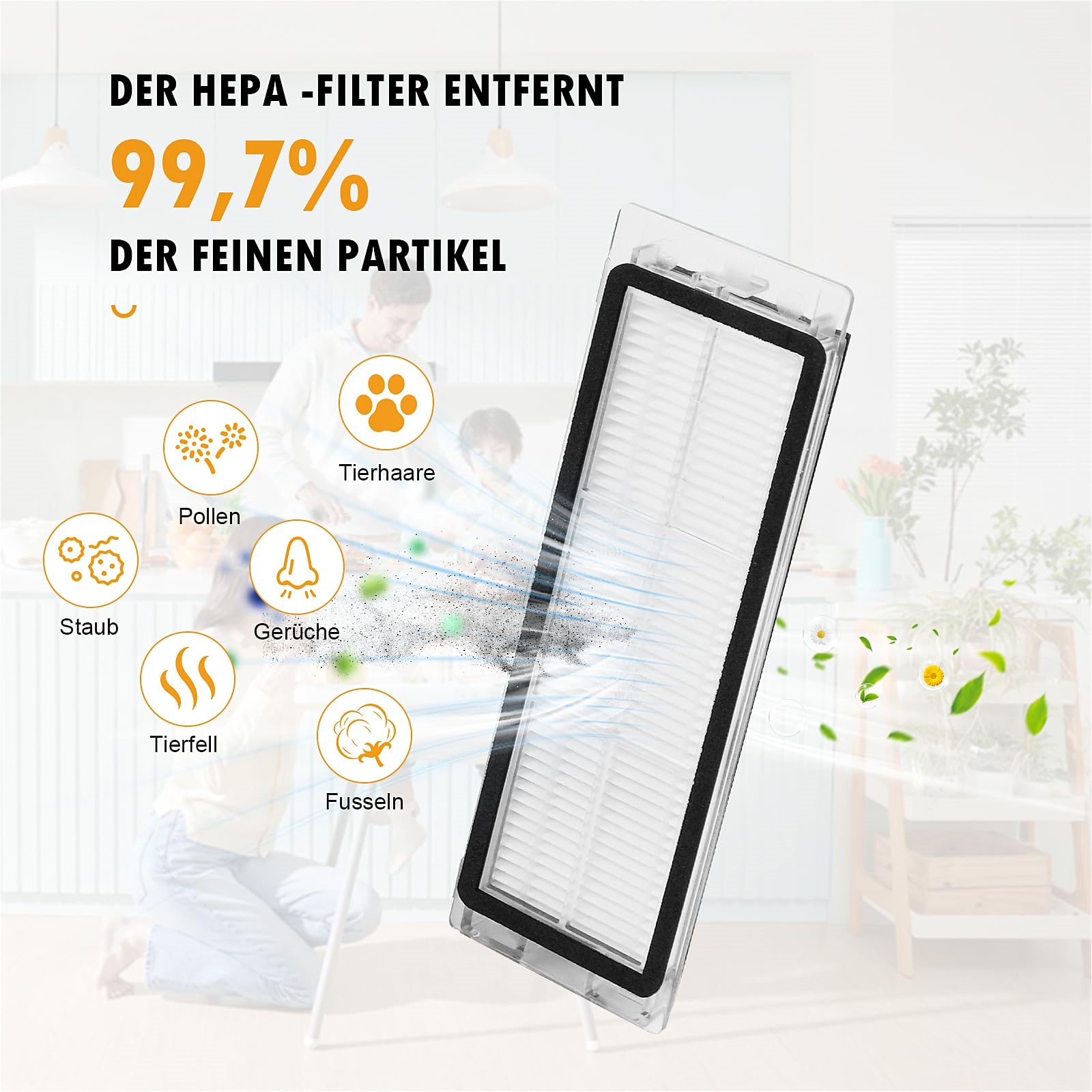 HEPA-Filter und Diagramm, das die Entfernung von Partikeln wie Pollen, Staub und Tierhaaren zeigt.