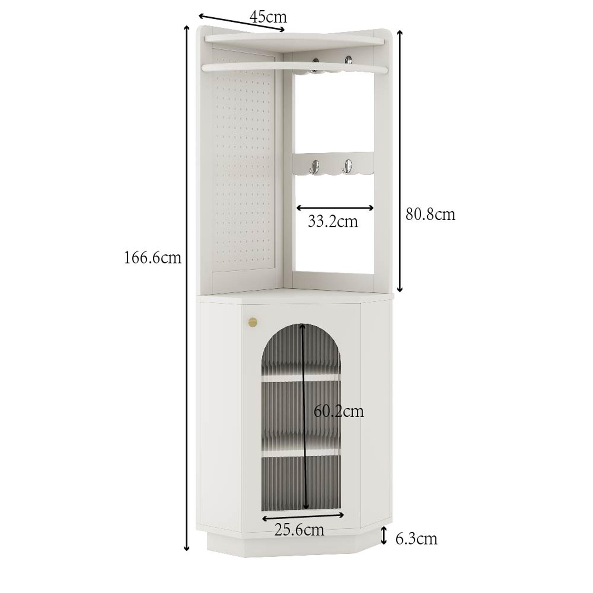 Ein weißer Eckschrank mit Abmessungen.