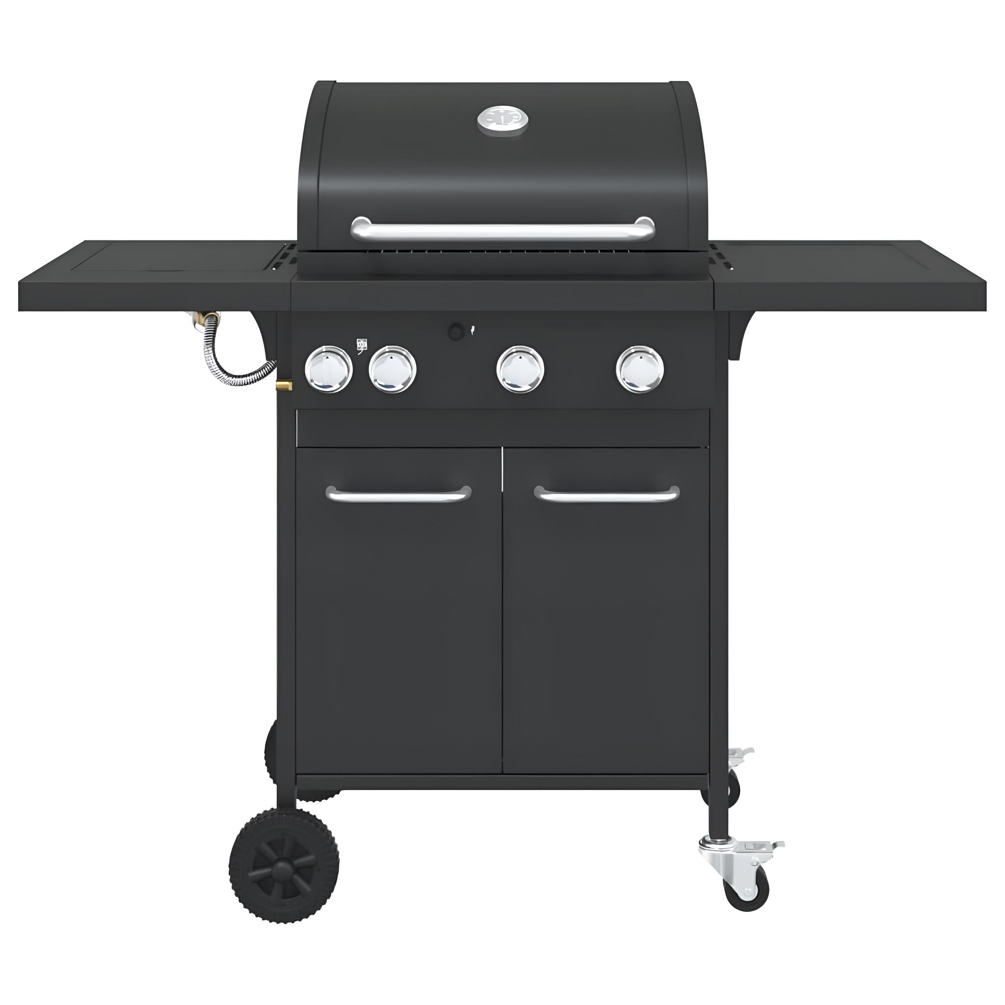 Schwarzer Gasgrill mit Seitenablagen, Türen und Rädern. Knöpfe vorne sichtbar.