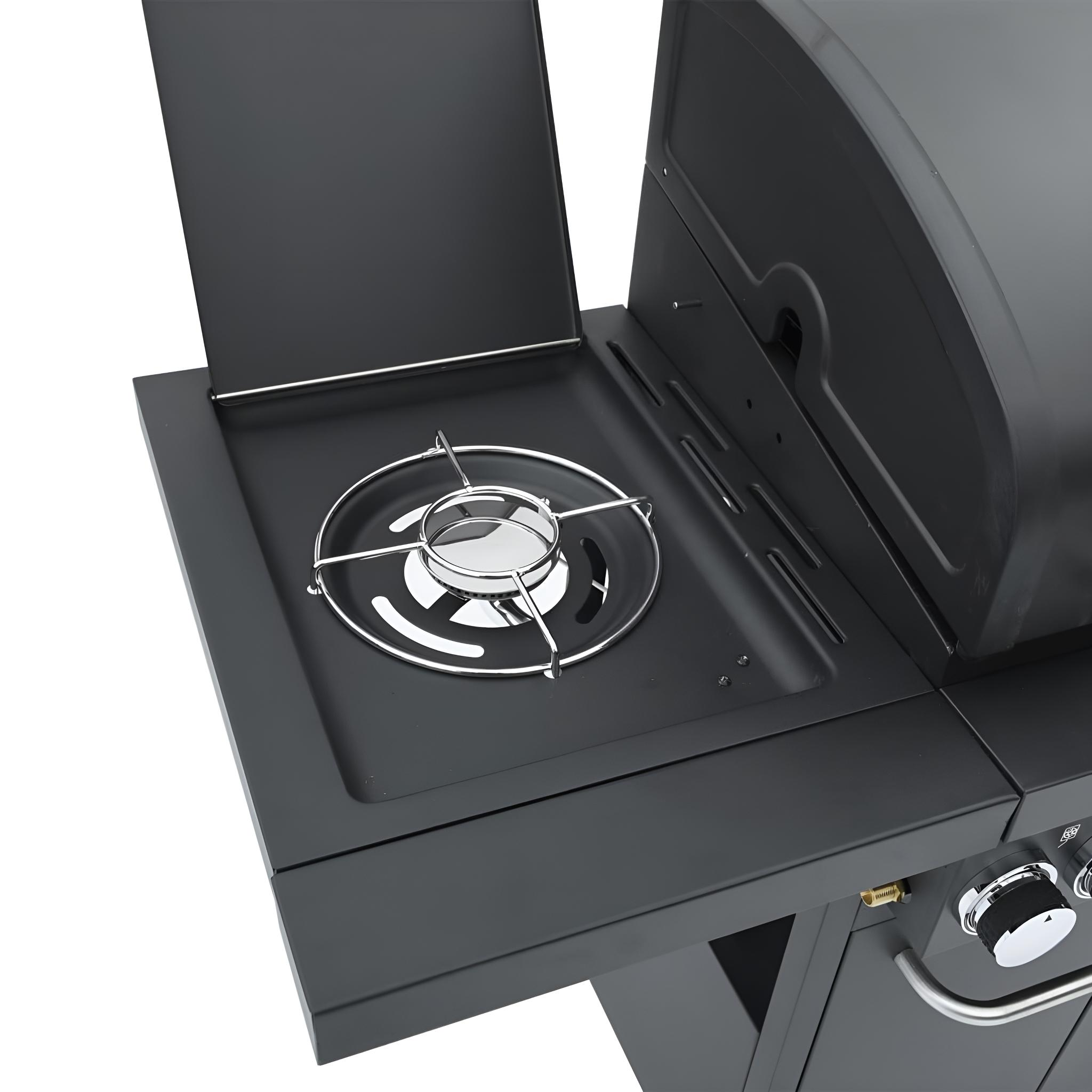Offener Gasgrill, der den Brenner und die Kochfläche zeigt.
