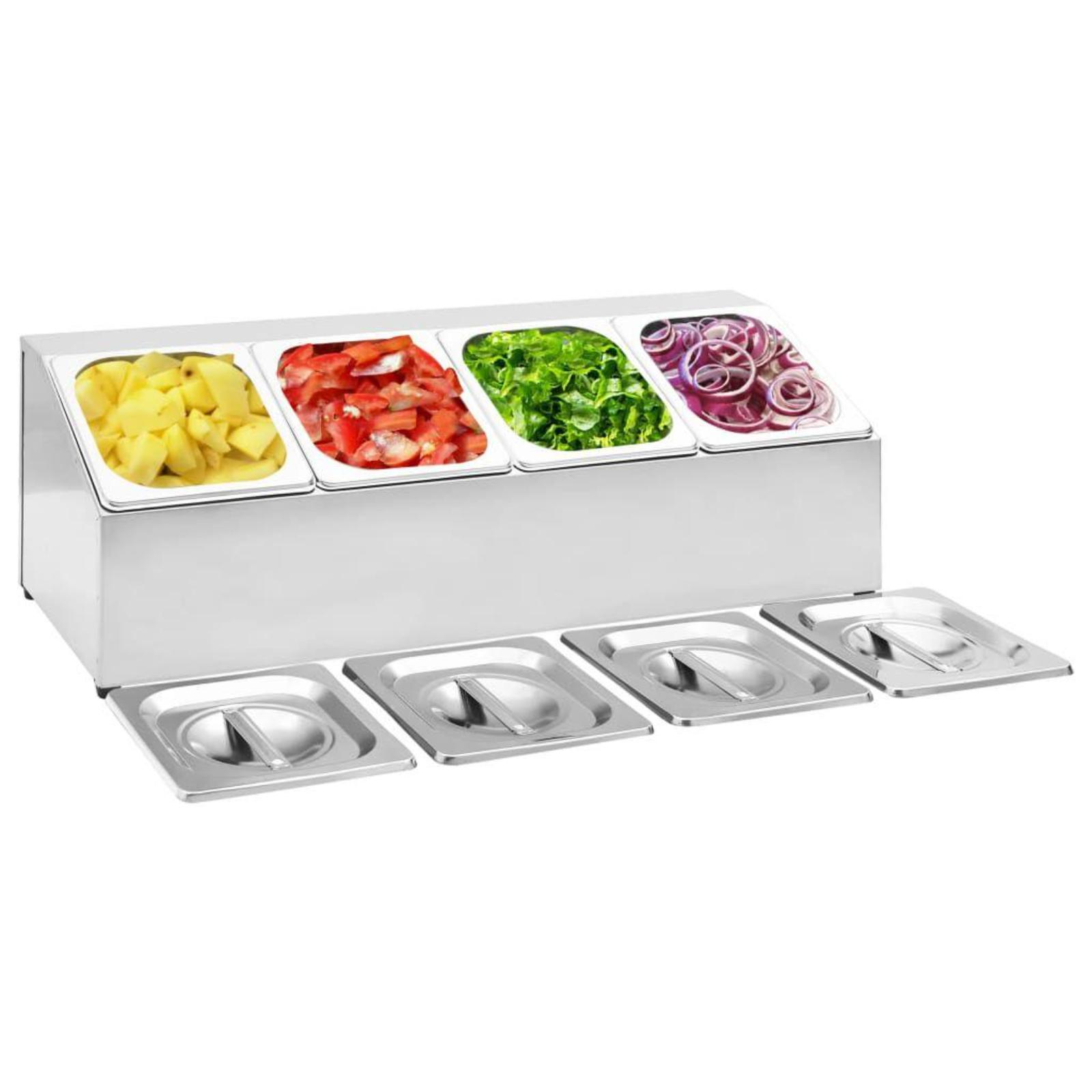 Eine Metall-Essensauslage mit vier Behältern mit zubereitetem Essen. Edelstahl außen.