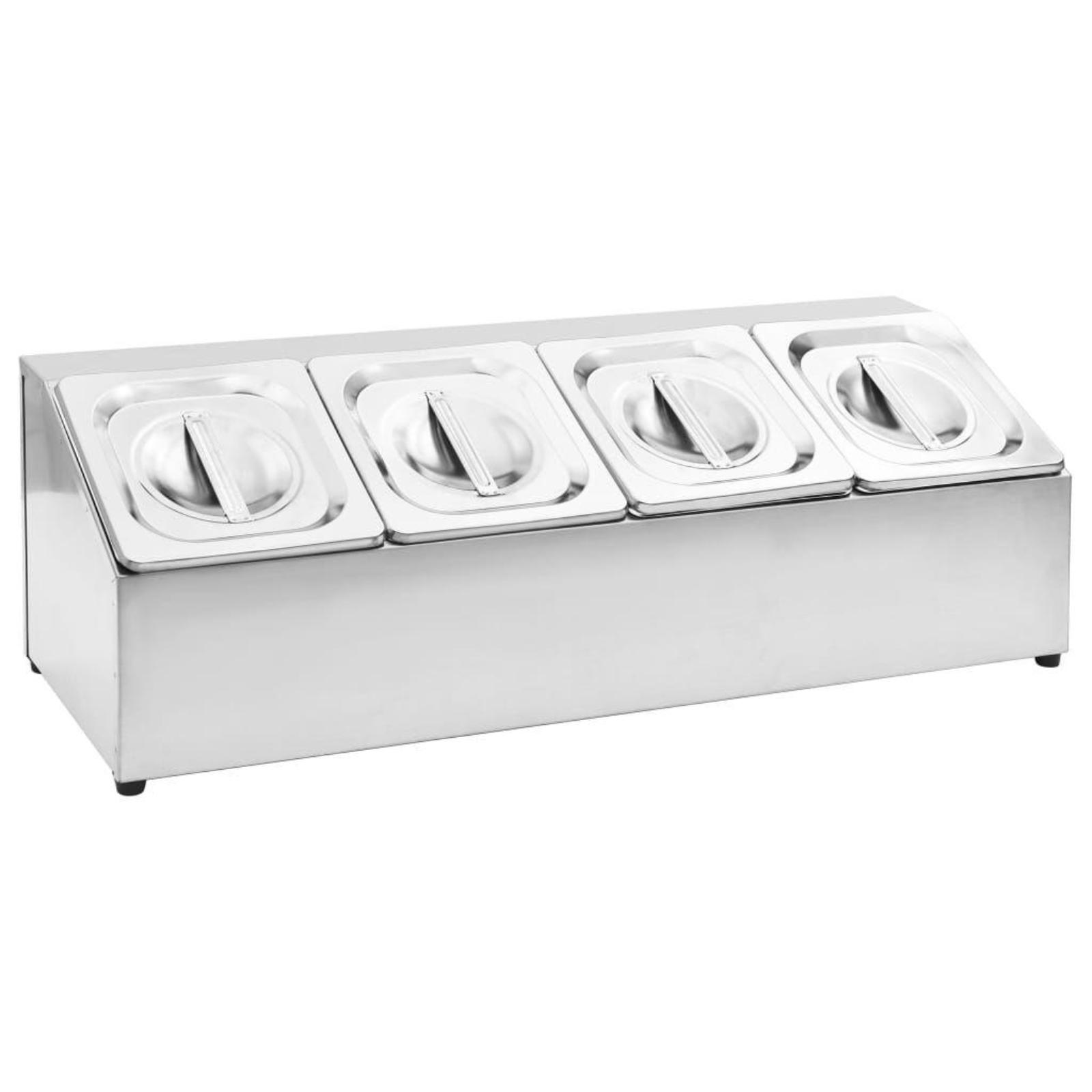 Ein Edelstahl-Bain-Marie mit vier abgedeckten Fächern.