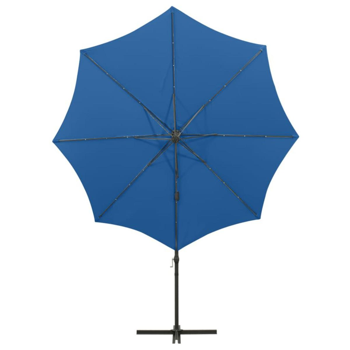 Blauer Regenschirm, Draufsicht. Der Schirm ist geöffnet und zeigt seine Struktur.