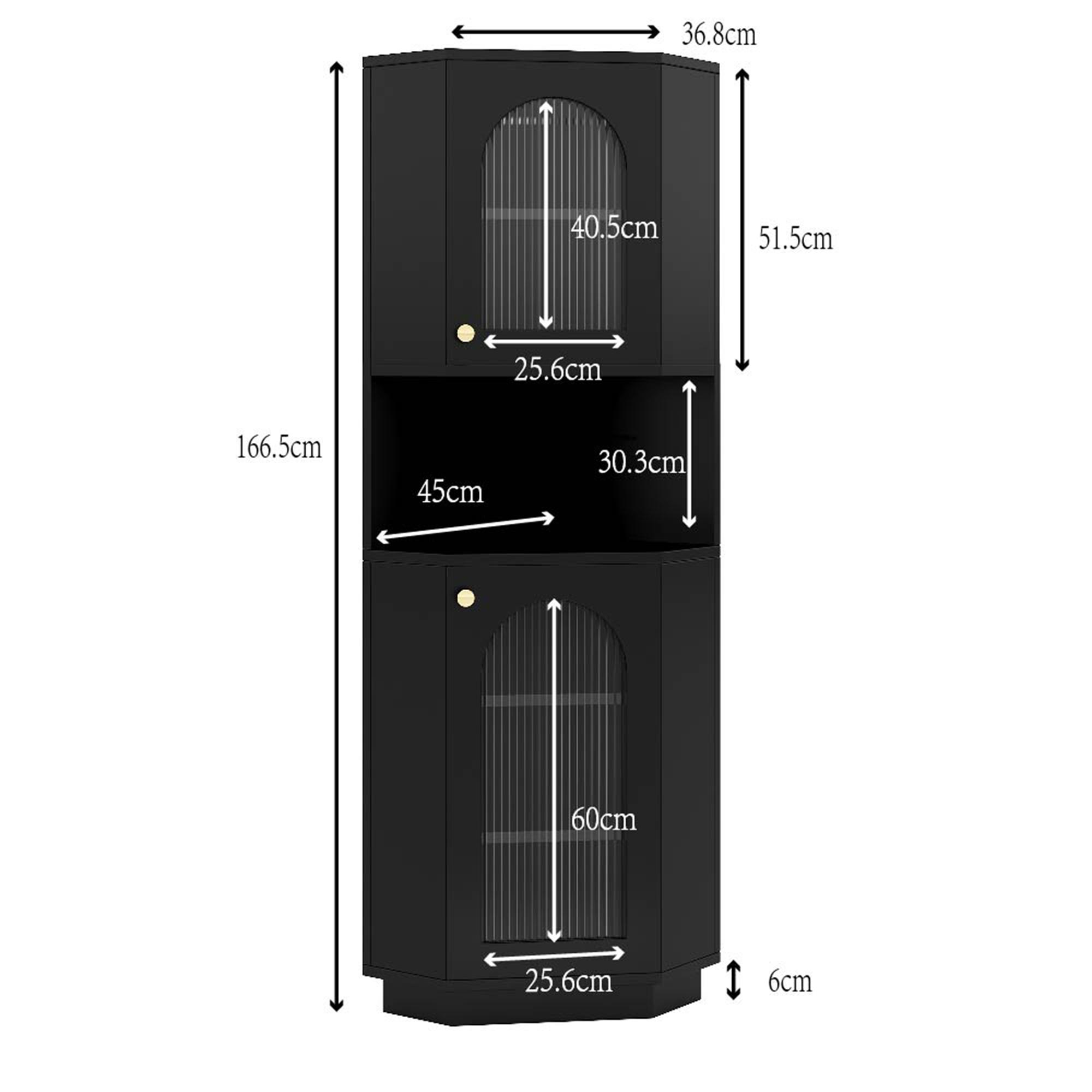 Schwarzer Eckschrank mit Glastüren, Abmessungen in cm: 166,5, 36,8, 40,5, 25,6, 30,3, 45, 60 und 25,6.