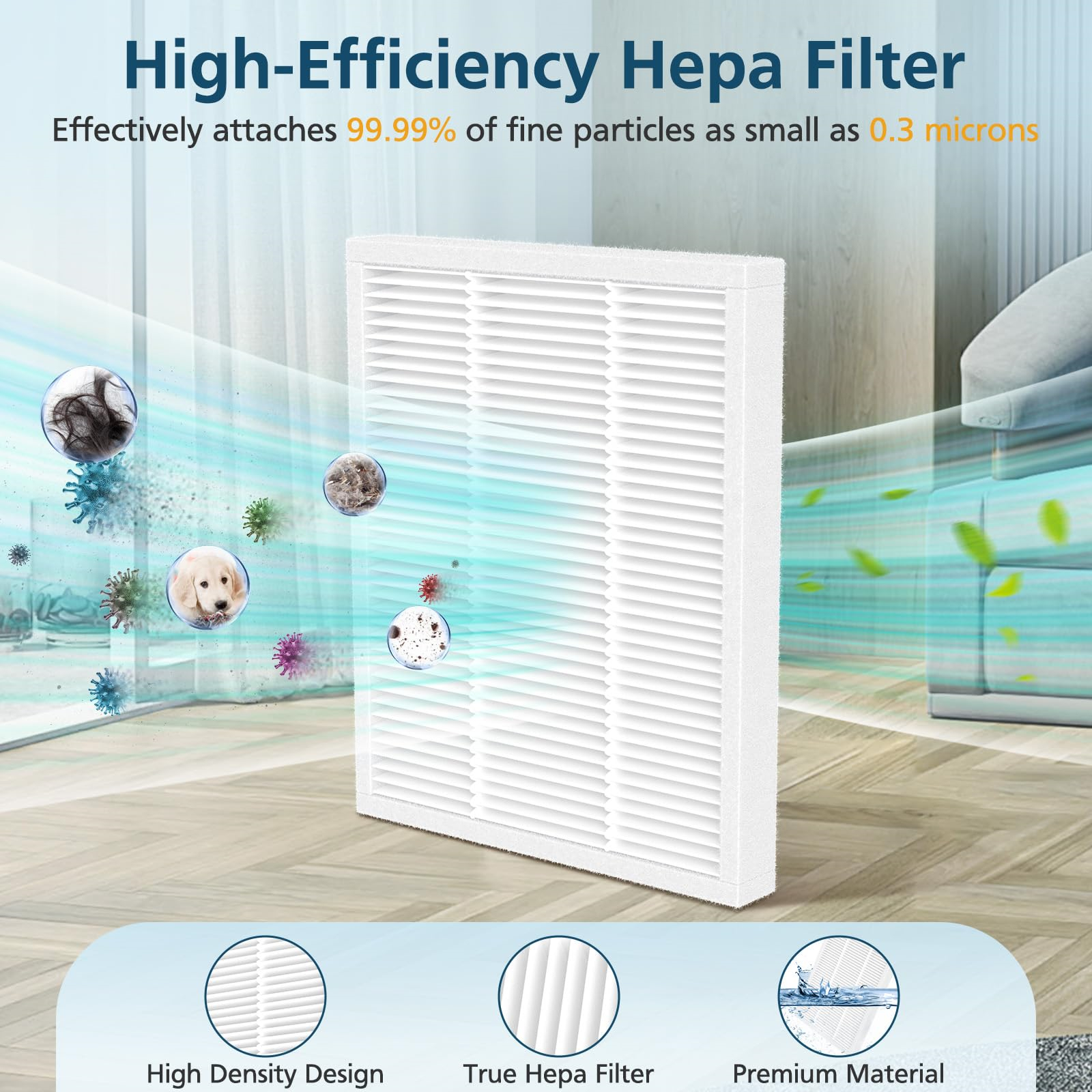 HEPA-Filter mit Illustrationen von Partikeln und Keimen. Text zeigt 99,99 % Feinstaub-Erfassung an.