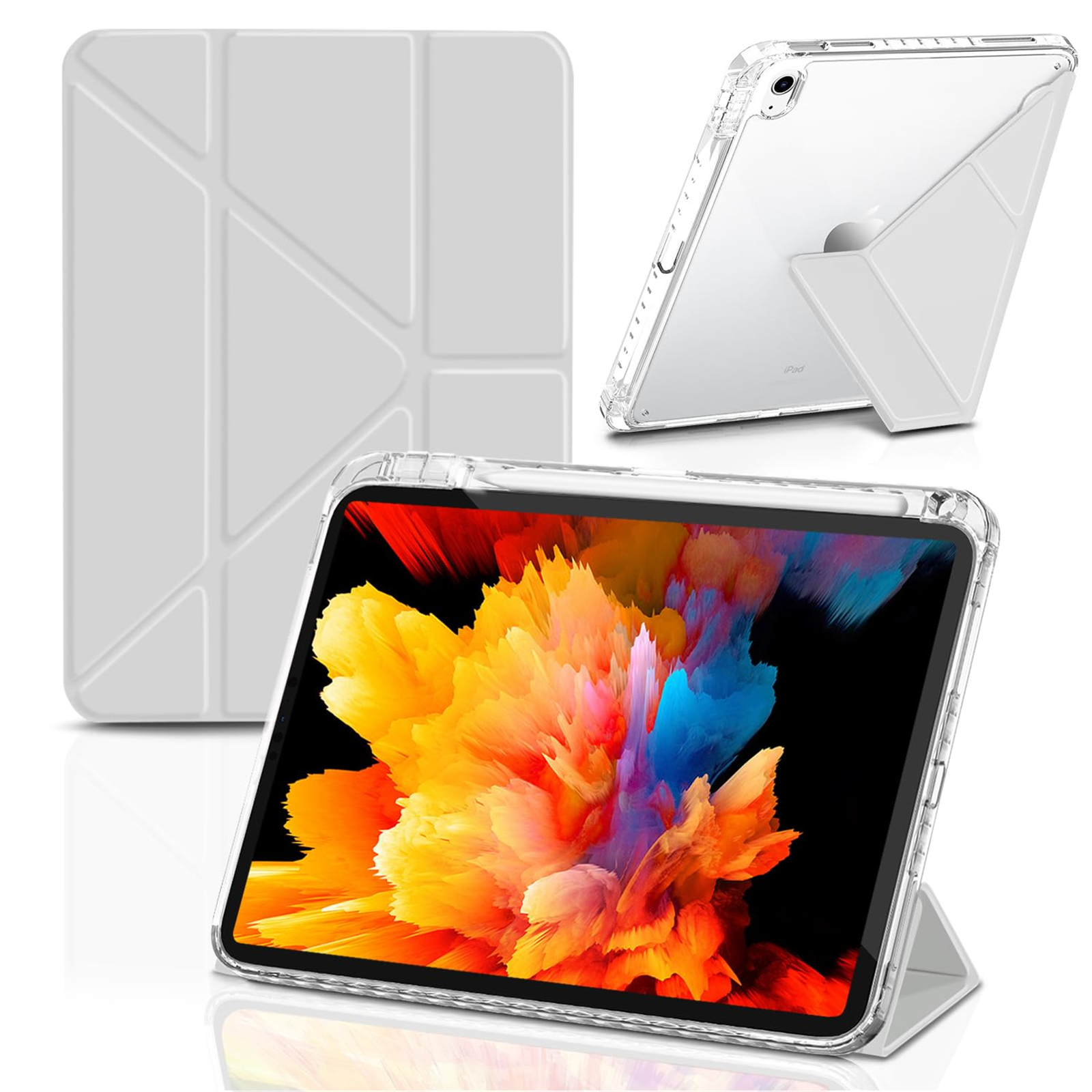 Mehrere Ansichten einer weißen Tablet-Hülle mit farbenfrohem Bild und Ständer.