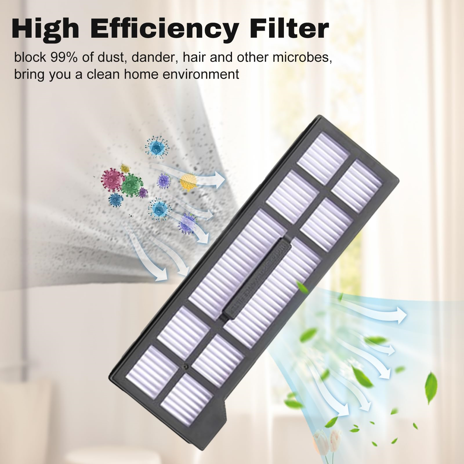 Vakuumfilter mit Text, der besagt, dass er Staub, Haare und Mikroben blockiert.