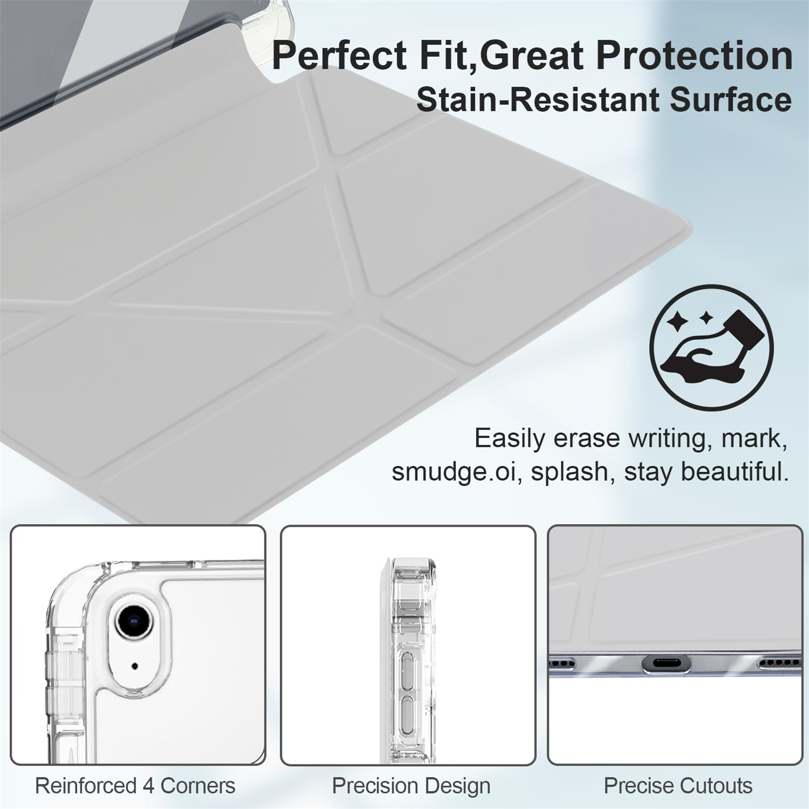 Weißes iPad-Case mit durchsichtigen Kunststoffecken und -rückseite. Text: 'Perfect Fit, Great Protection'.