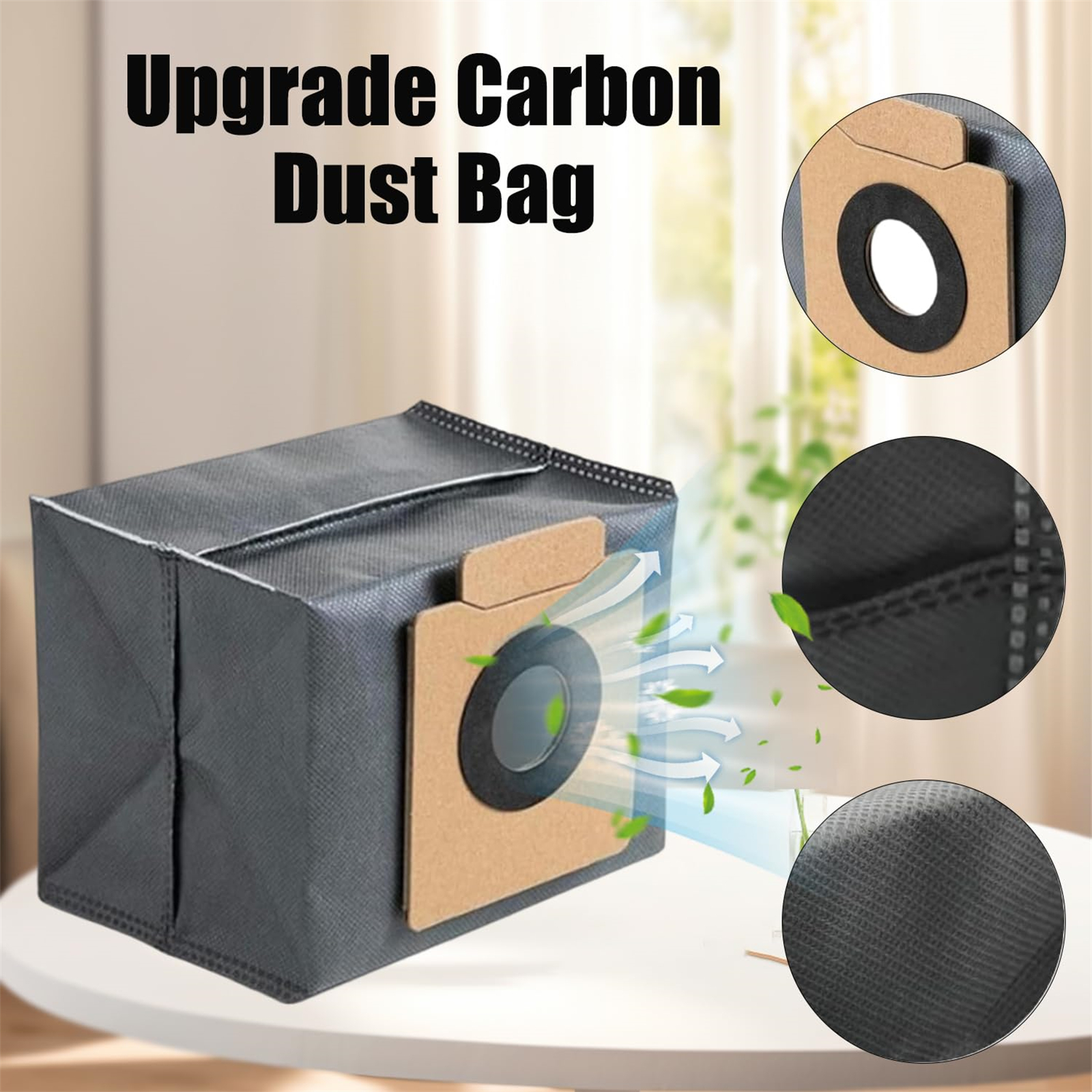 Grauer Upgrade-Kohlenstoff-Staubbeutel, mit Details des Filters und seiner Konstruktion.