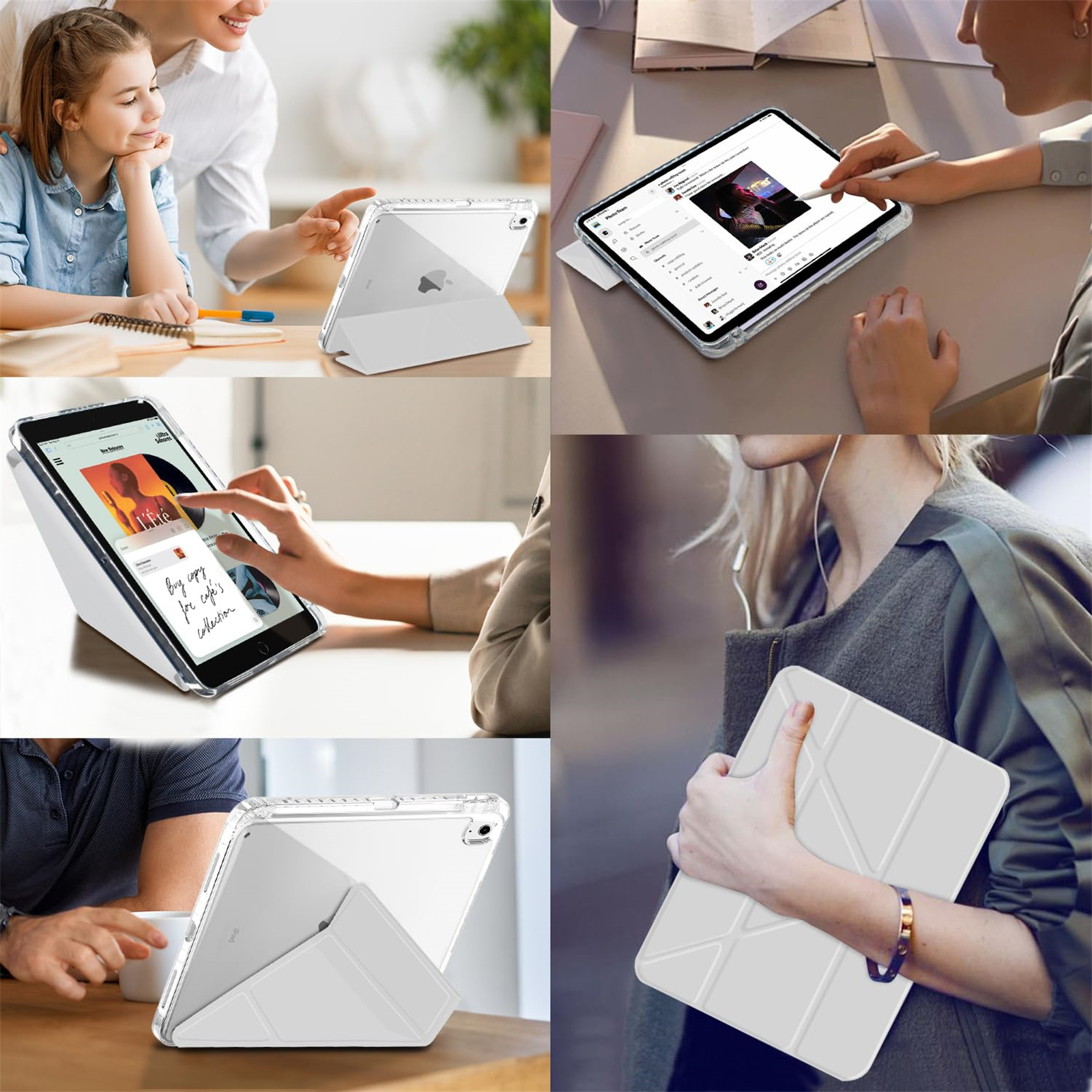 Mehrere Bilder eines Tablets in weißen Hüllen, verschiedene Winkel, die von verschiedenen Personen verwendet werden.