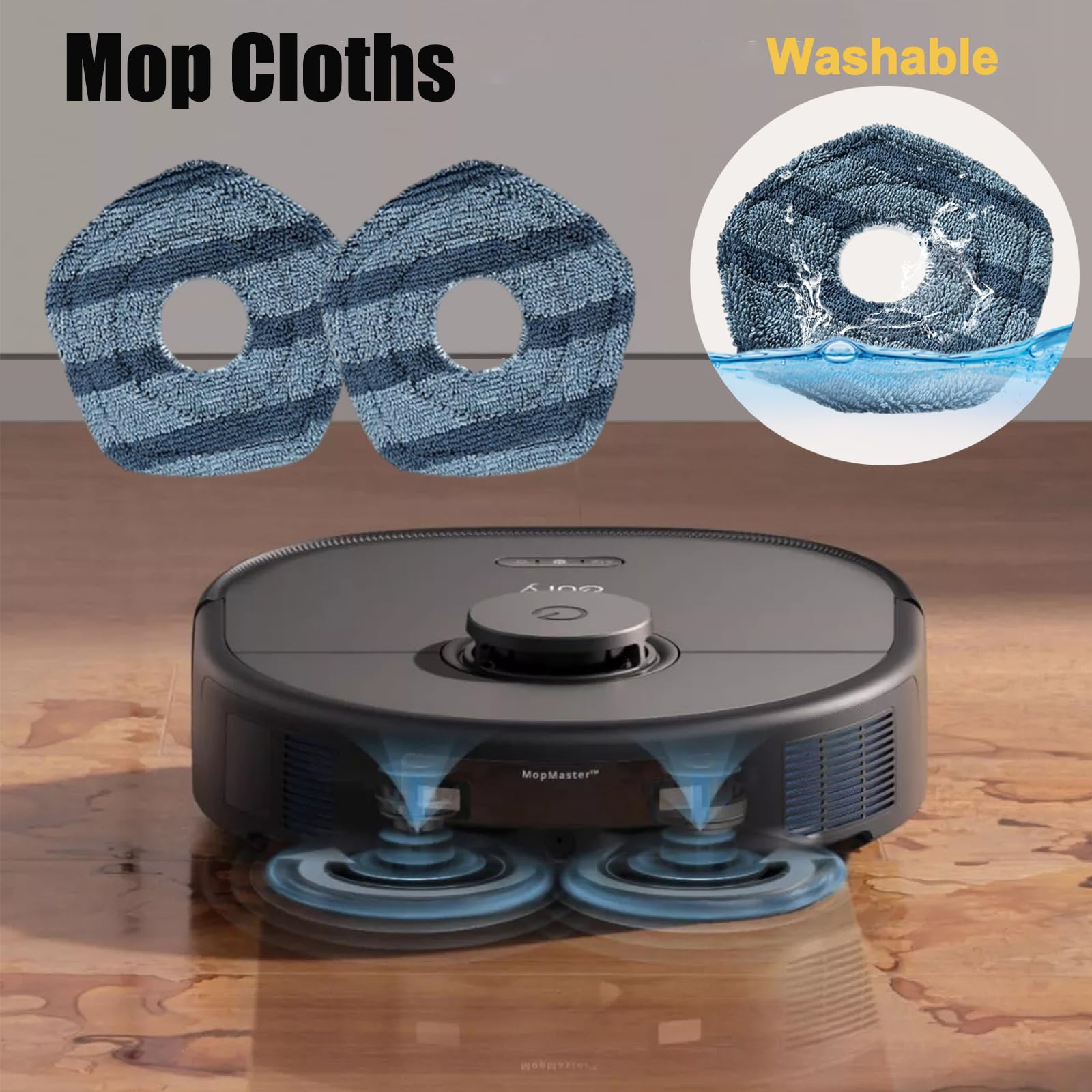 Ein Roboter-Staubsauger mit zwei Mopp-Tüchern, Nahaufnahme des Reinigers und der Mopp-Tücher.