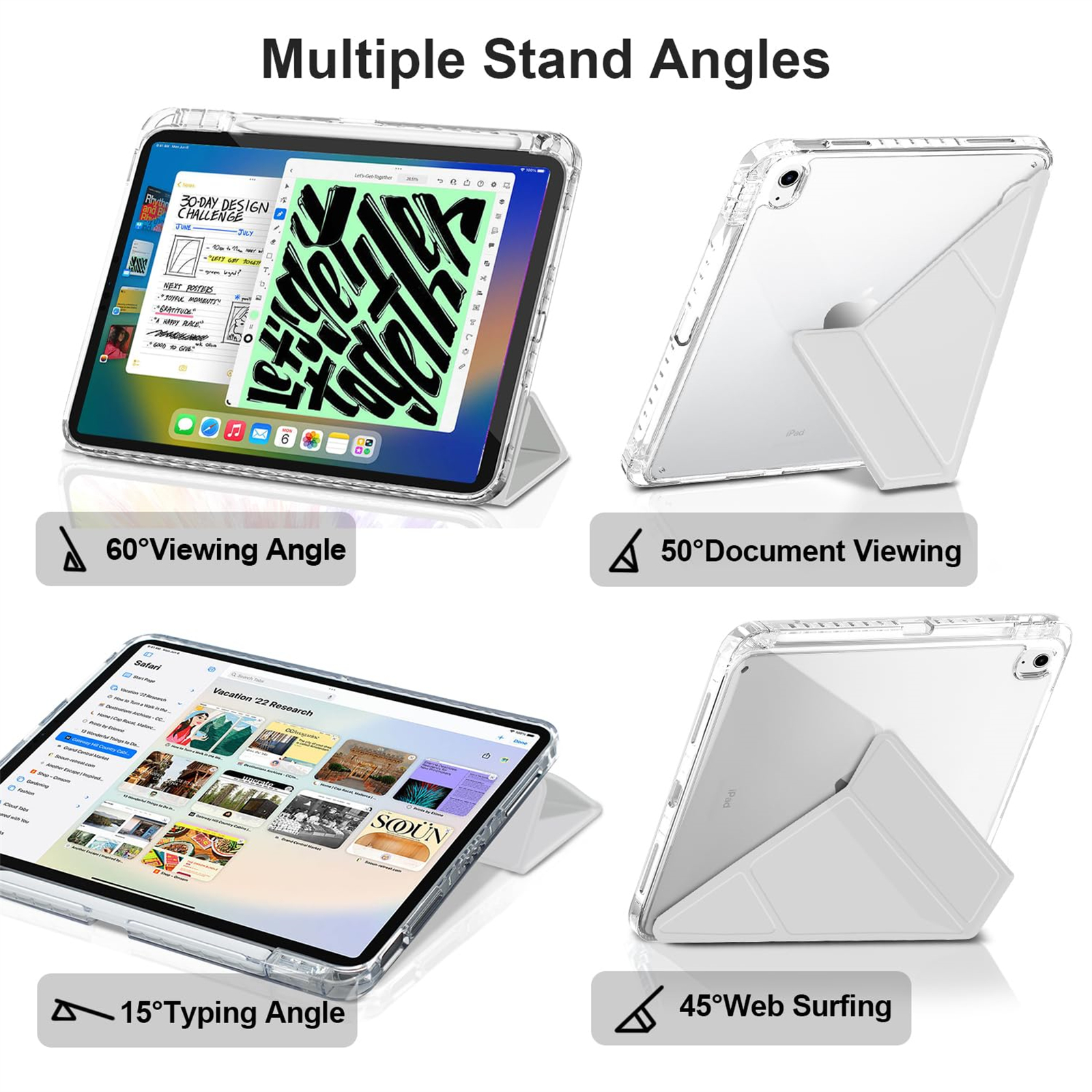 Ein iPad in einer durchsichtigen Hülle, gezeigt in 4 verschiedenen Ständerwinkeln, mit Text.