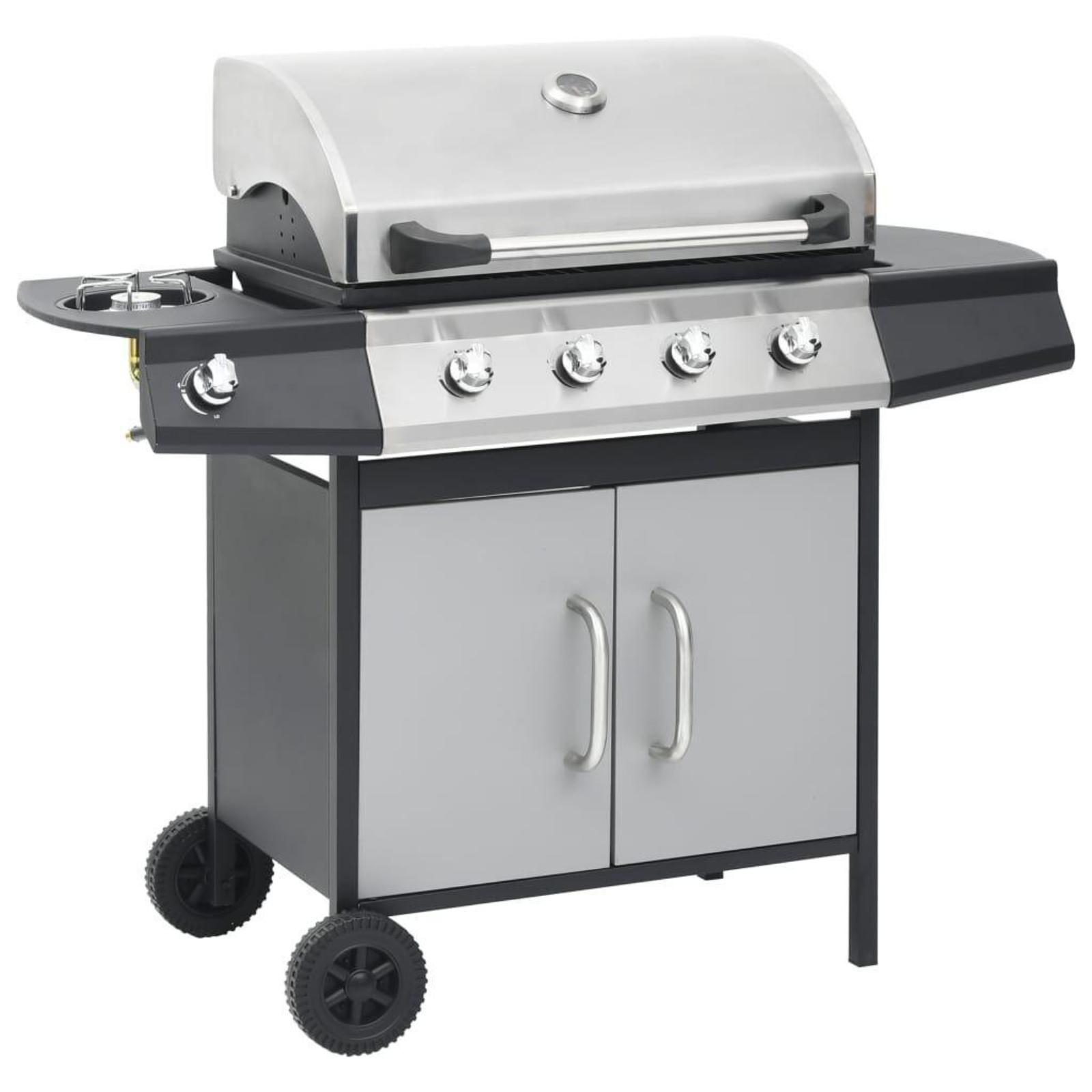 Gasgrill mit vier Brennern, Edelstahl-Deckel, schwarz-grauer Schrank auf Rädern.