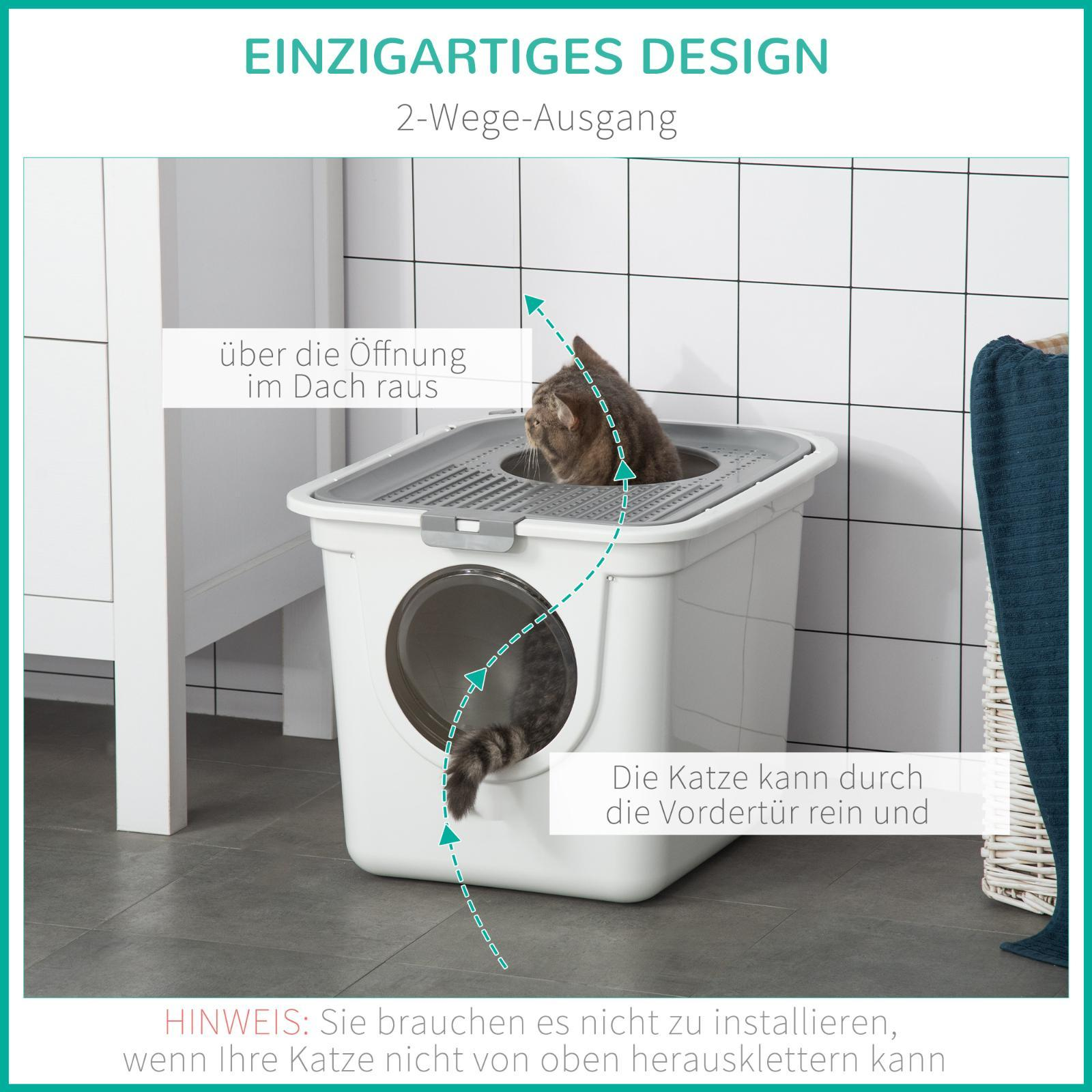 Katze benutzt Katzentoilette, zeigt den oberen und vorderen Eingang.