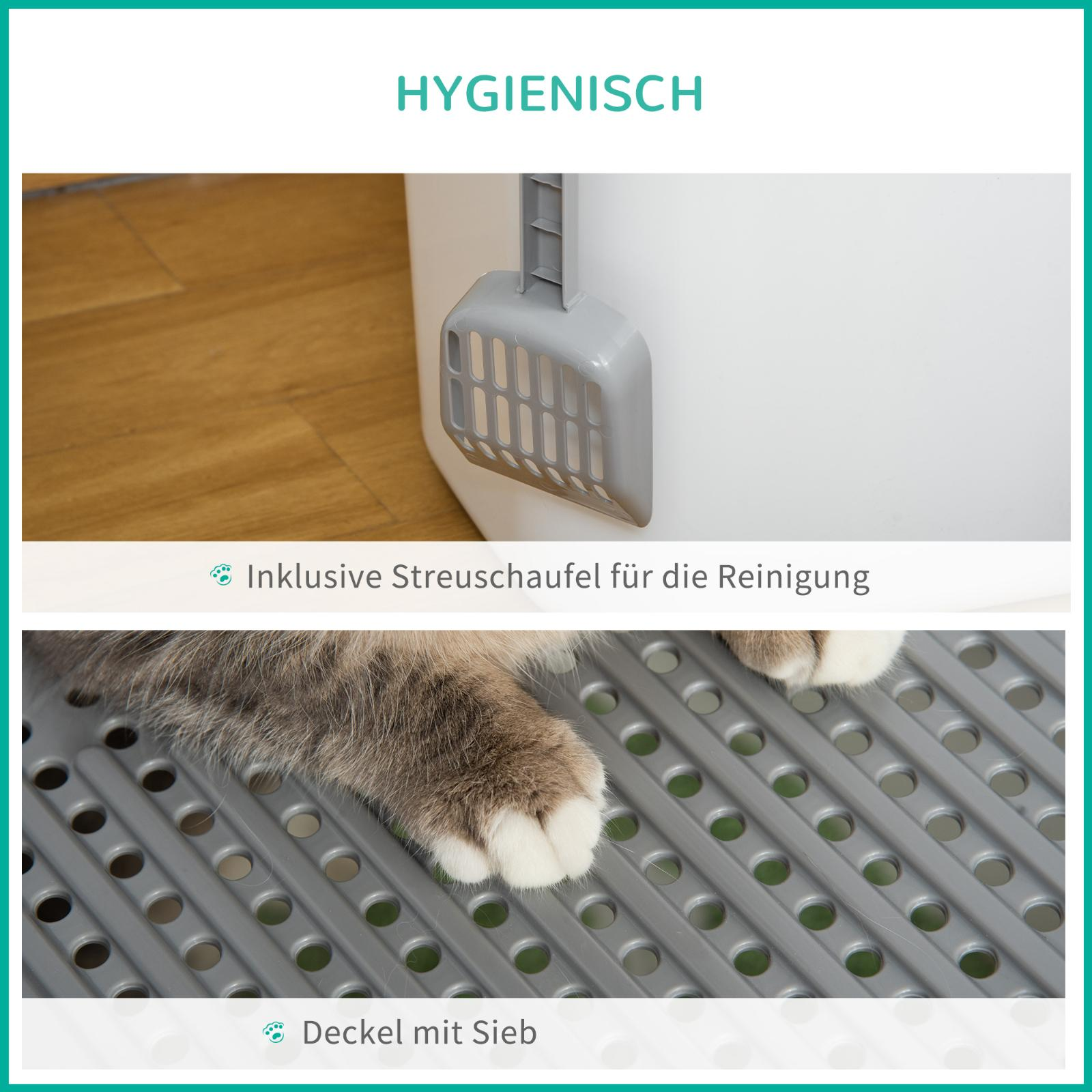 Nahaufnahme einer grauen Streuschaufel und einer Katzenpfote auf einem grauen Rost. Text auf Deutsch.