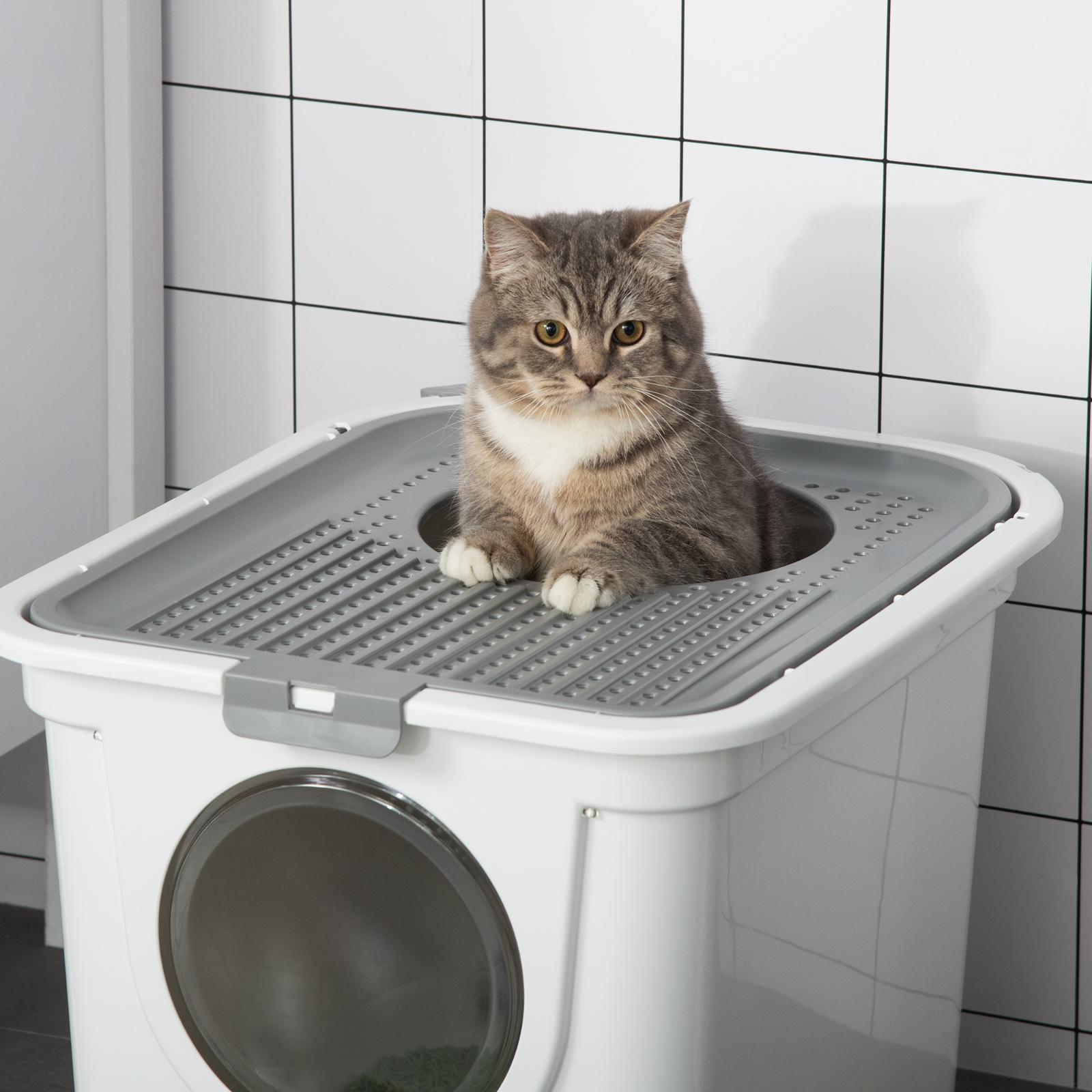 Eine graue Tabbykatze sitzt in einer weißen Katzentoilette. Der Hintergrund ist eine geflieste Wand.