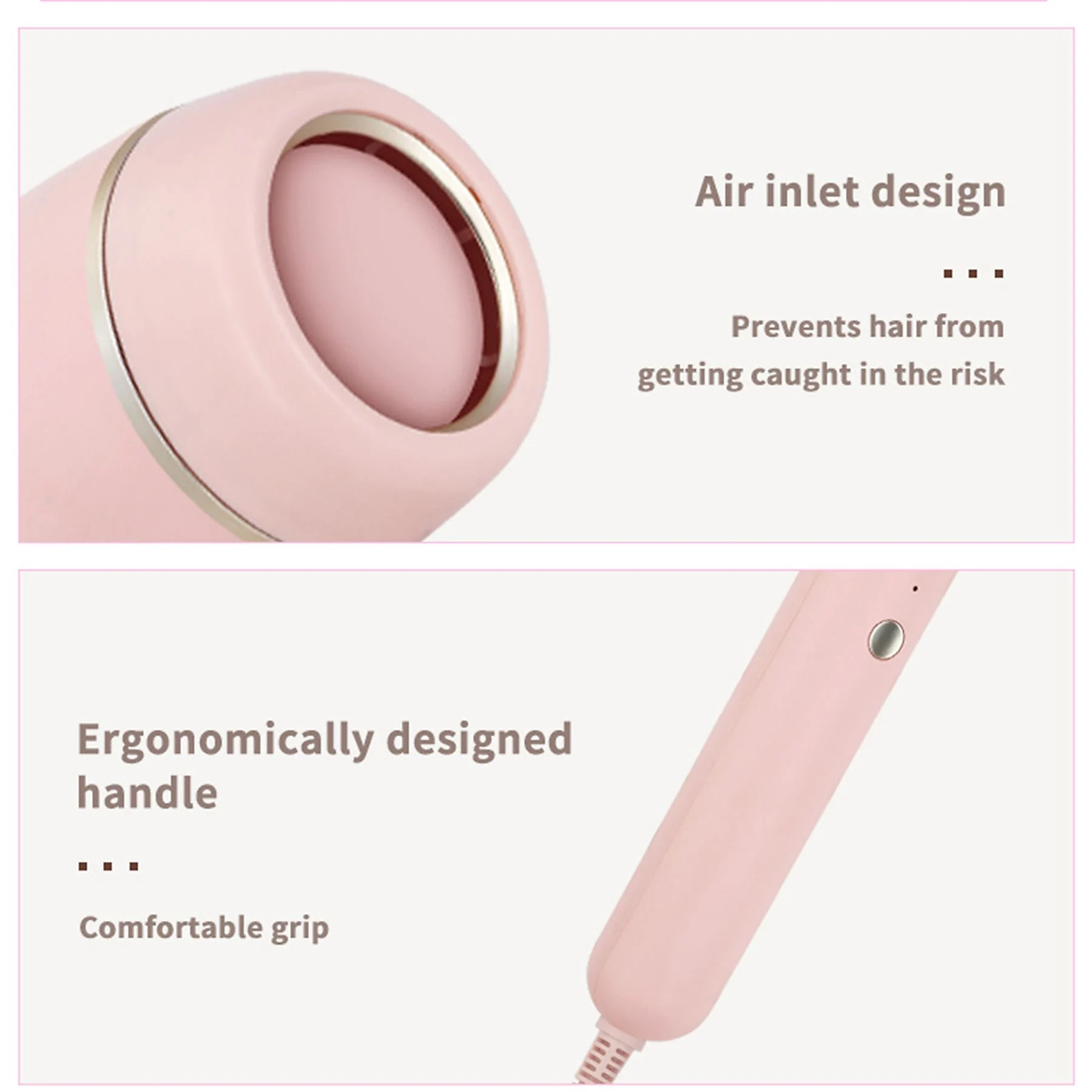 Nahaufnahme eines rosa Haartrockners. Er hat ein Lufteinlassdesign, um zu verhindern, dass sich Haare verfangen.