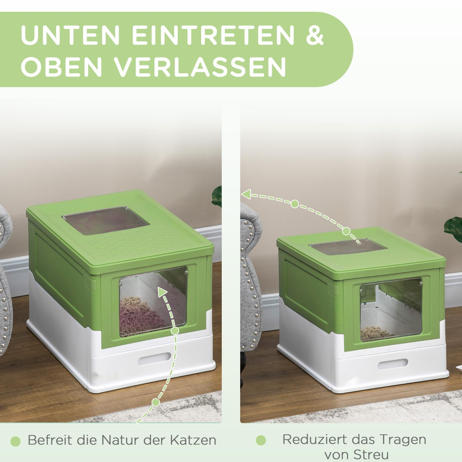 Zwei grüne und weiße Katzentoiletten mit Text über das Verhalten der Katze. Die Boxen haben eine Schublade.